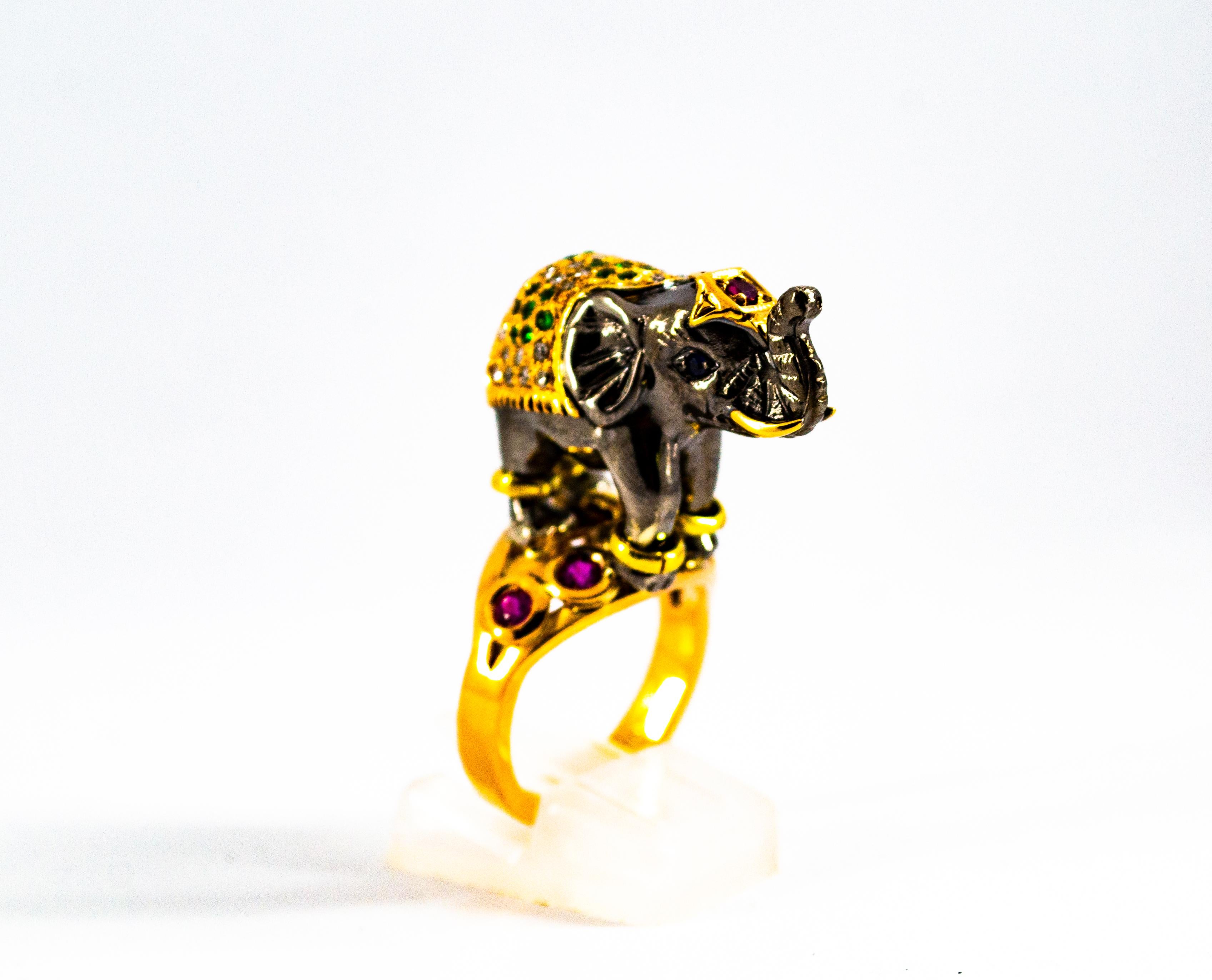0.98 Carat Diamond Ruby Sapphire Tsavorite Yellow Gold Cocktail Elephant Ring 1