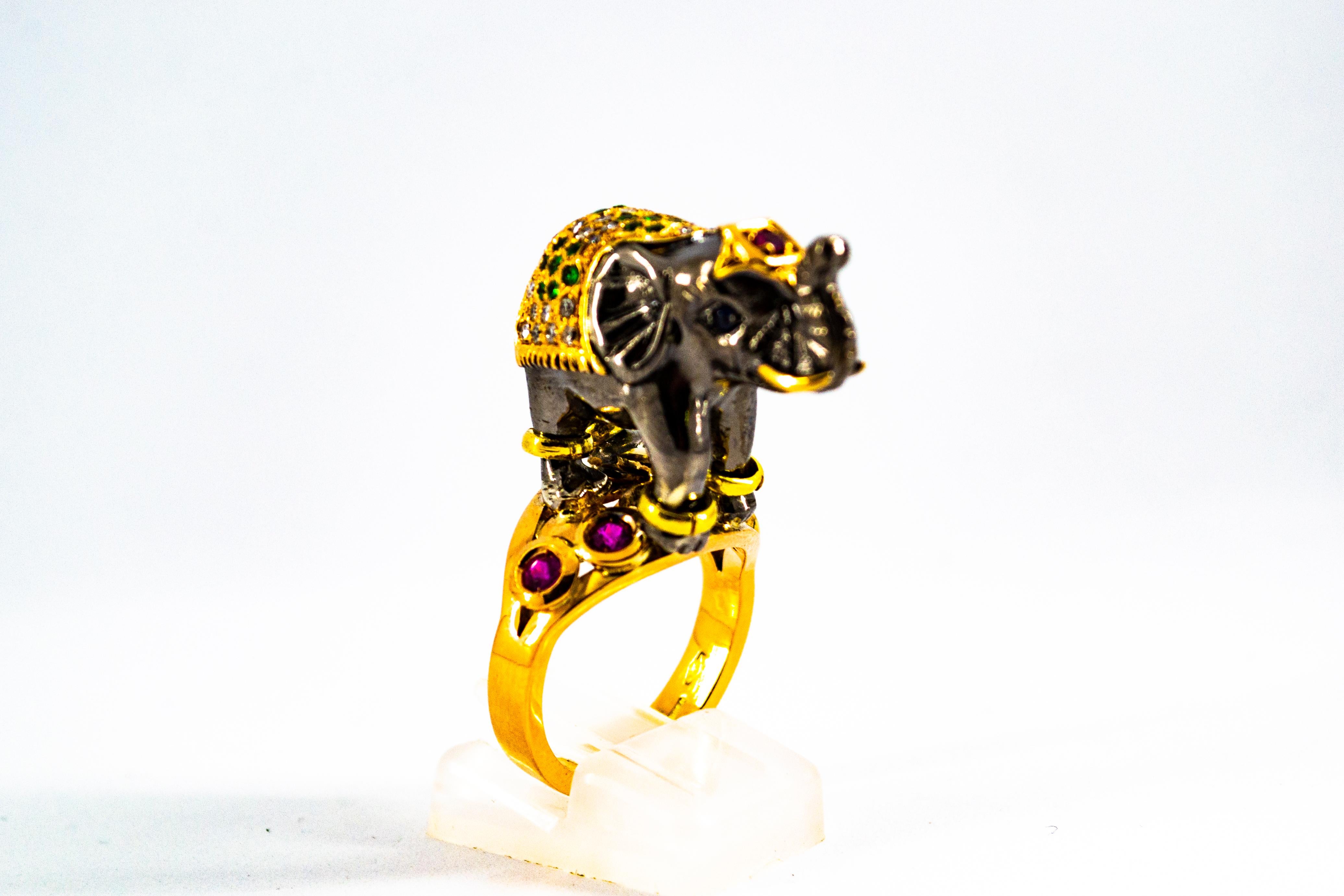 0.98 Carat Diamond Ruby Sapphire Tsavorite Yellow Gold Cocktail Elephant Ring 2
