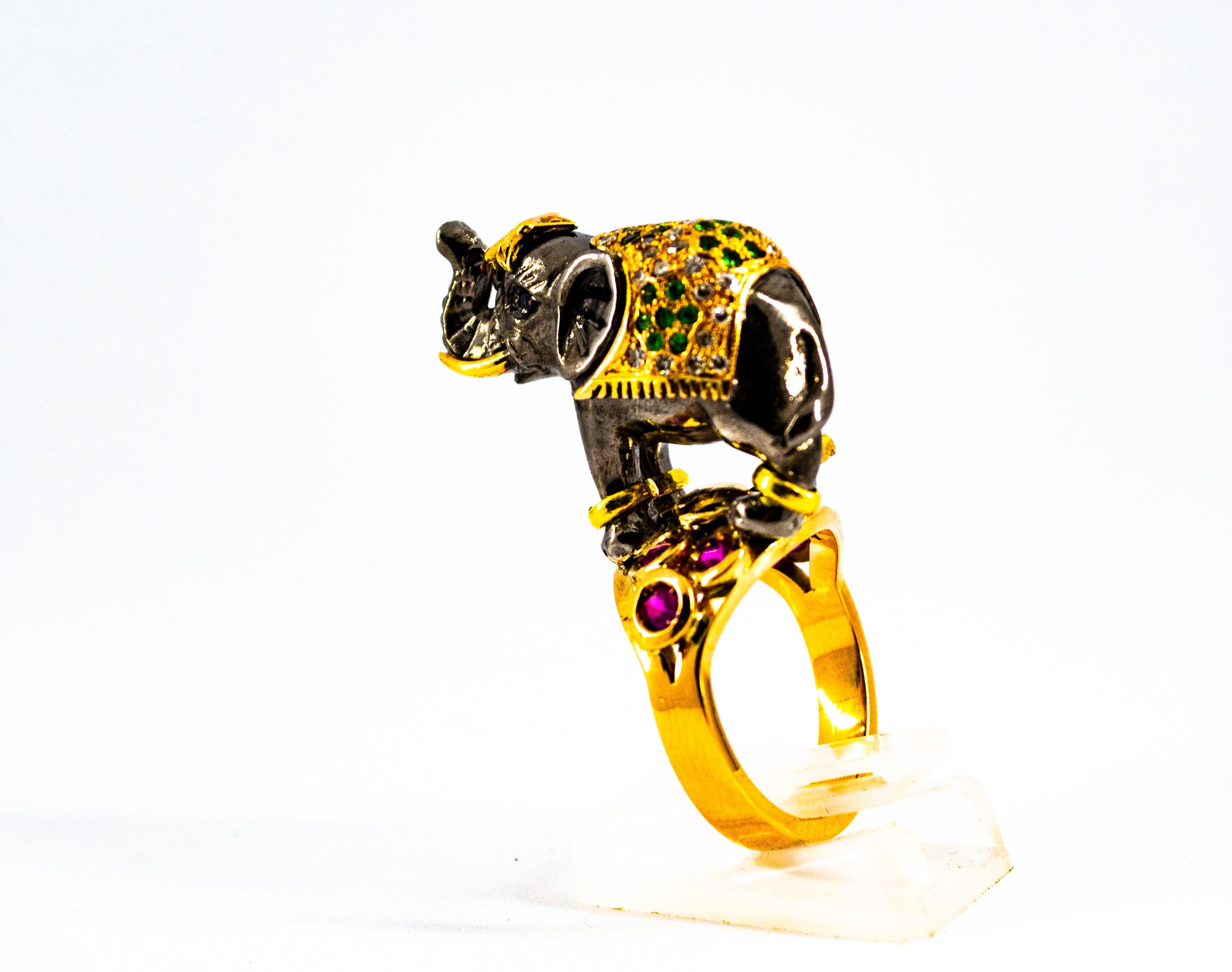 0.98 Carat Diamond Ruby Sapphire Tsavorite Yellow Gold Cocktail Elephant Ring 4