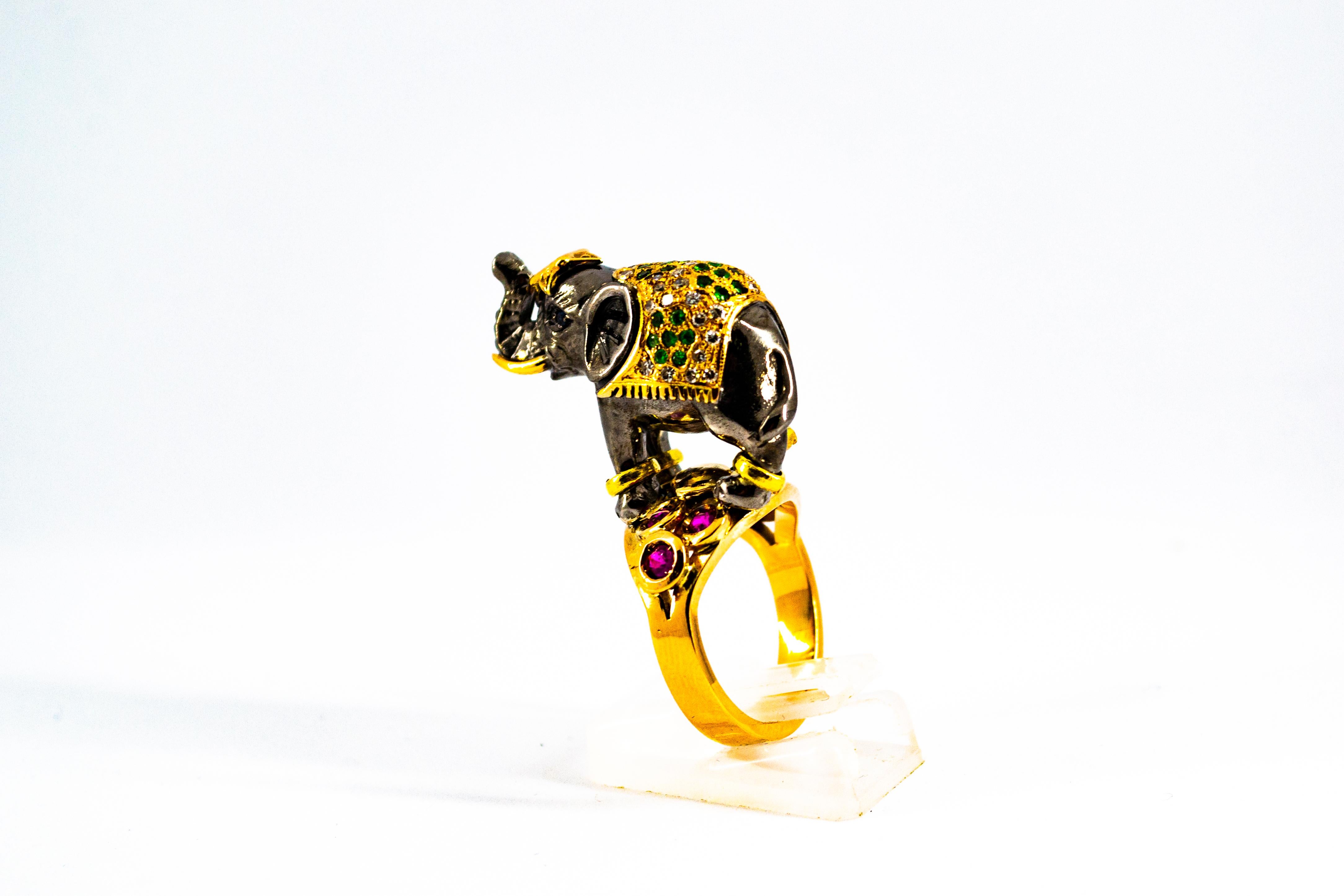 0.98 Carat Diamond Ruby Sapphire Tsavorite Yellow Gold Cocktail Elephant Ring 5