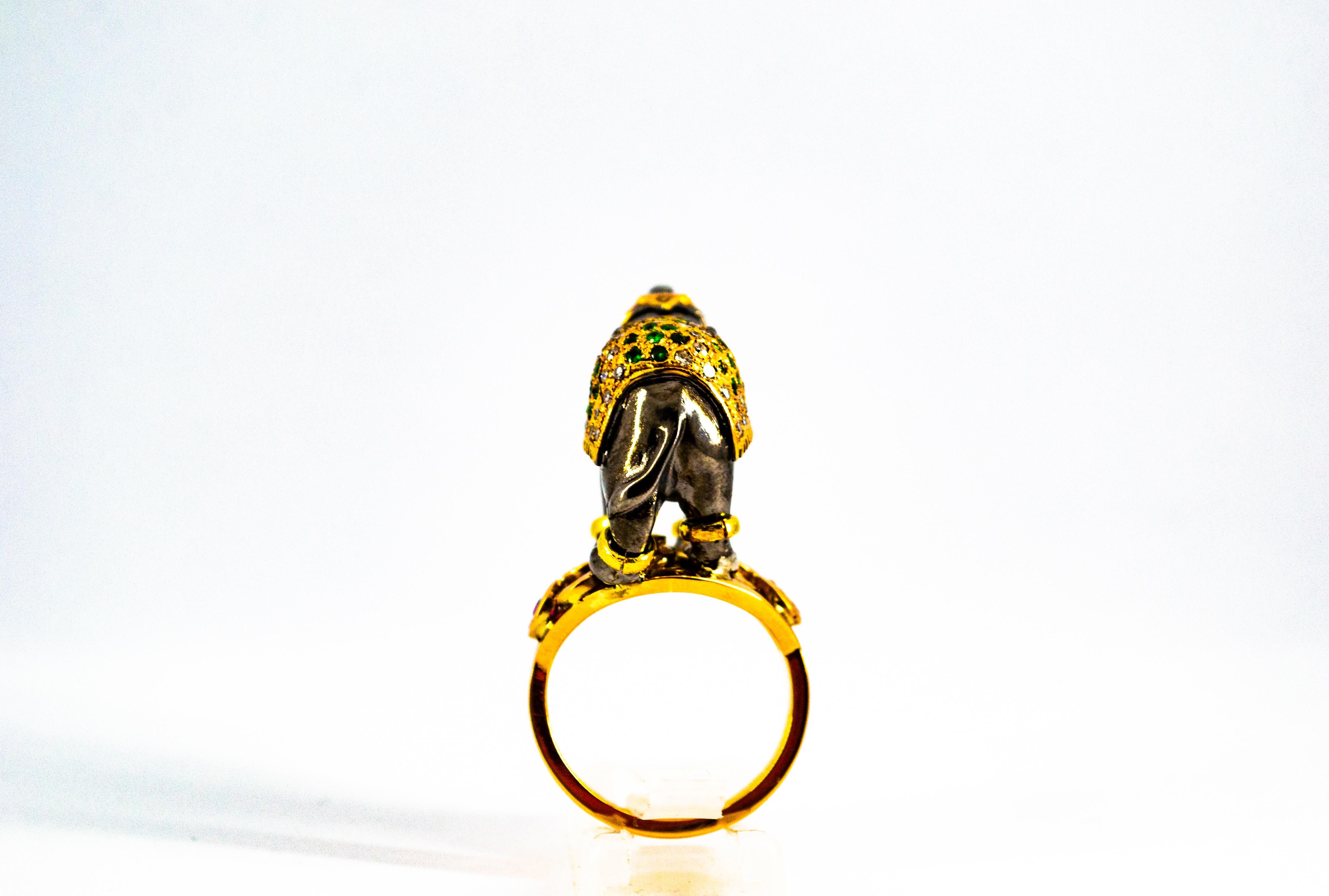 0.98 Carat Diamond Ruby Sapphire Tsavorite Yellow Gold Cocktail Elephant Ring 6