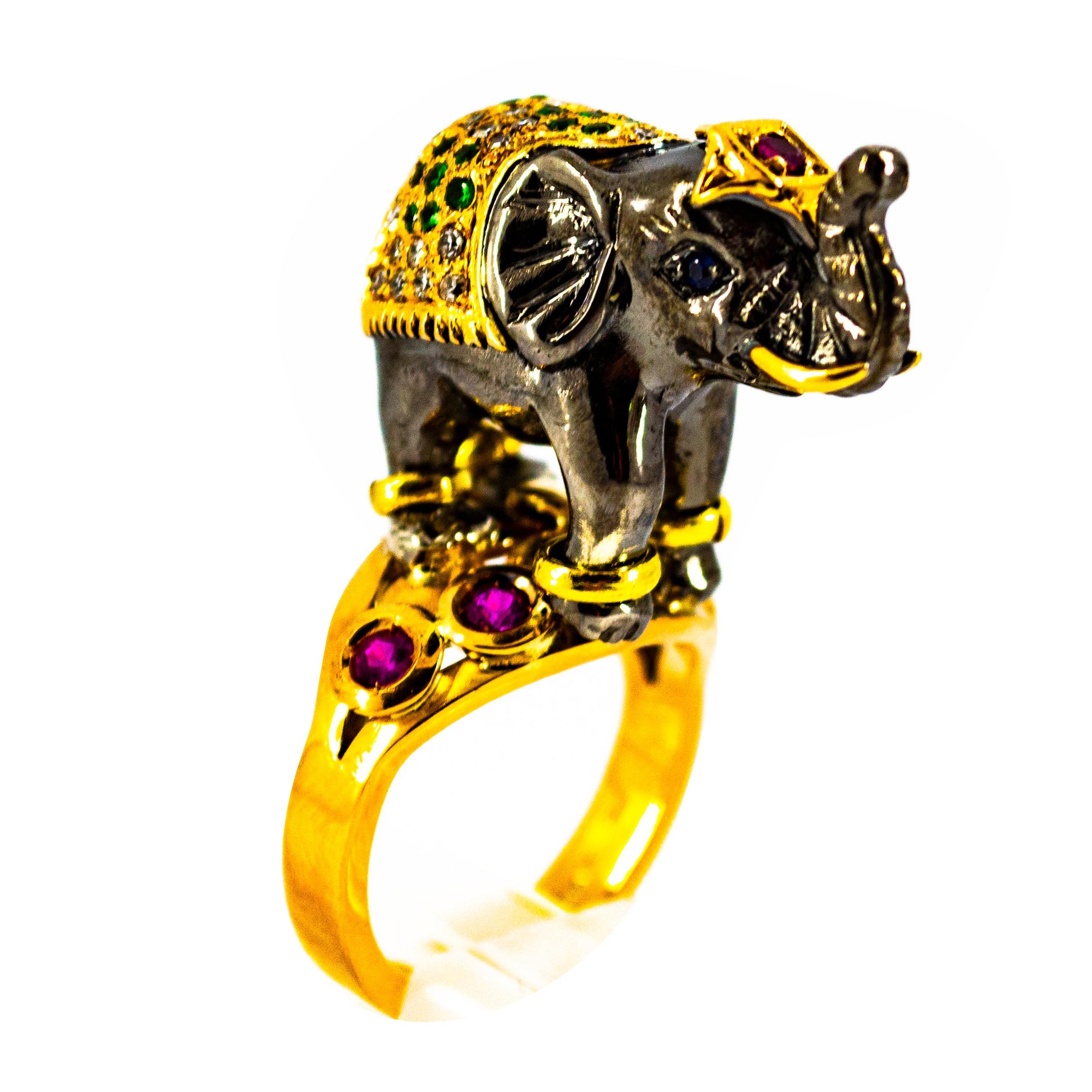 0.98 Carat Diamond Ruby Sapphire Tsavorite Yellow Gold Cocktail Elephant Ring