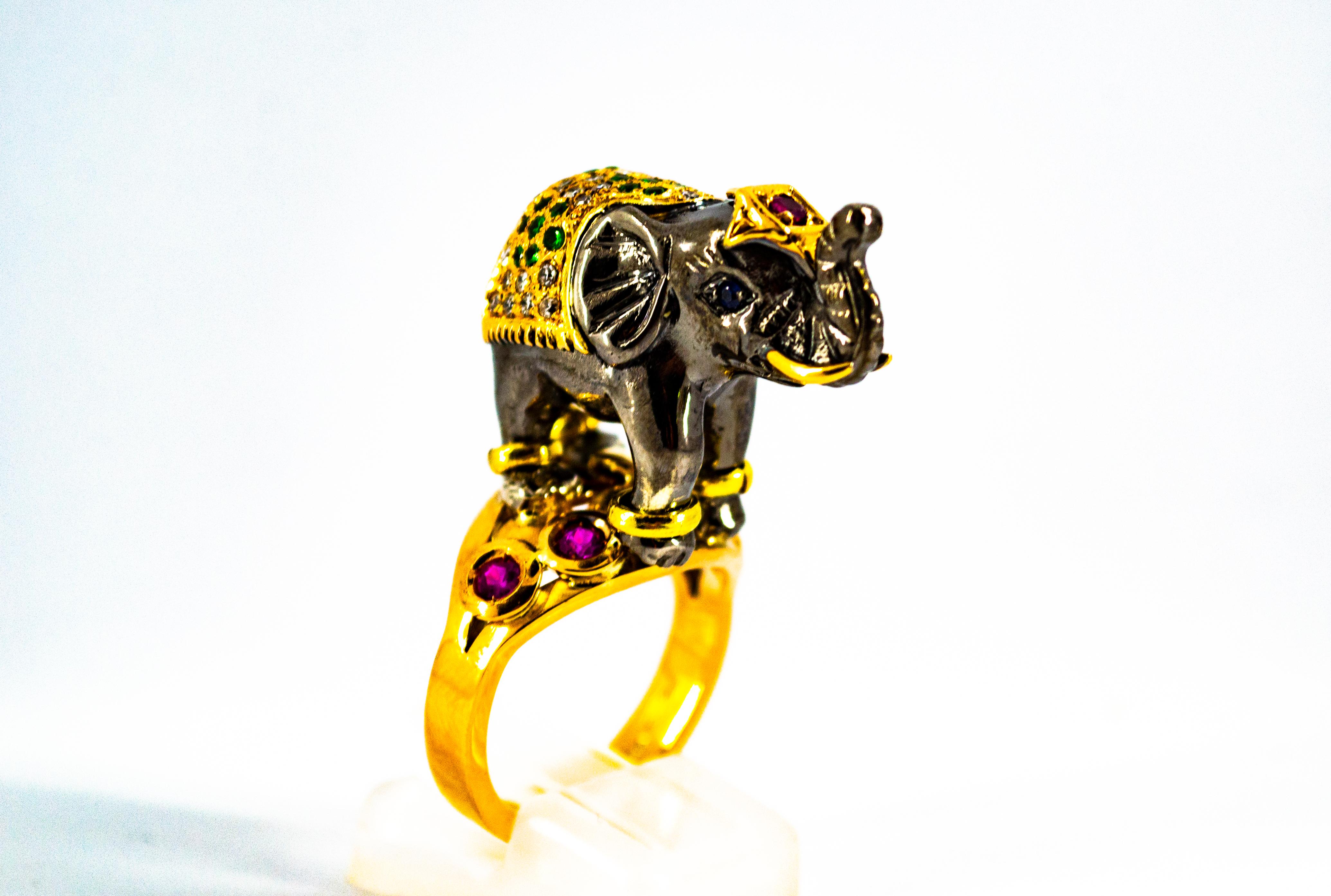 Renaissance 0.98 Carat Diamond Ruby Sapphire Tsavorite Yellow Gold Cocktail Elephant Ring