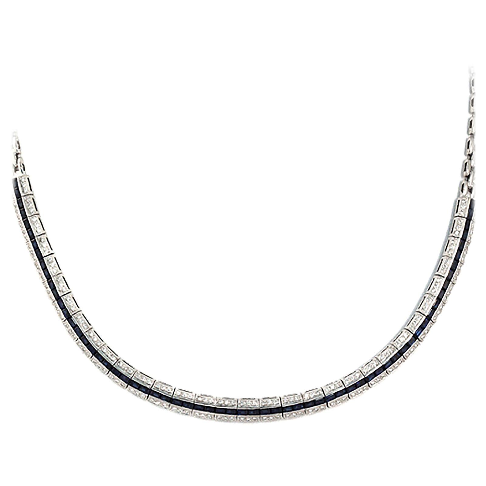 0.98 Carat Diamonds 9.36 Carat Blue Sapphire 18 Karat White Gold Necklace For Sale