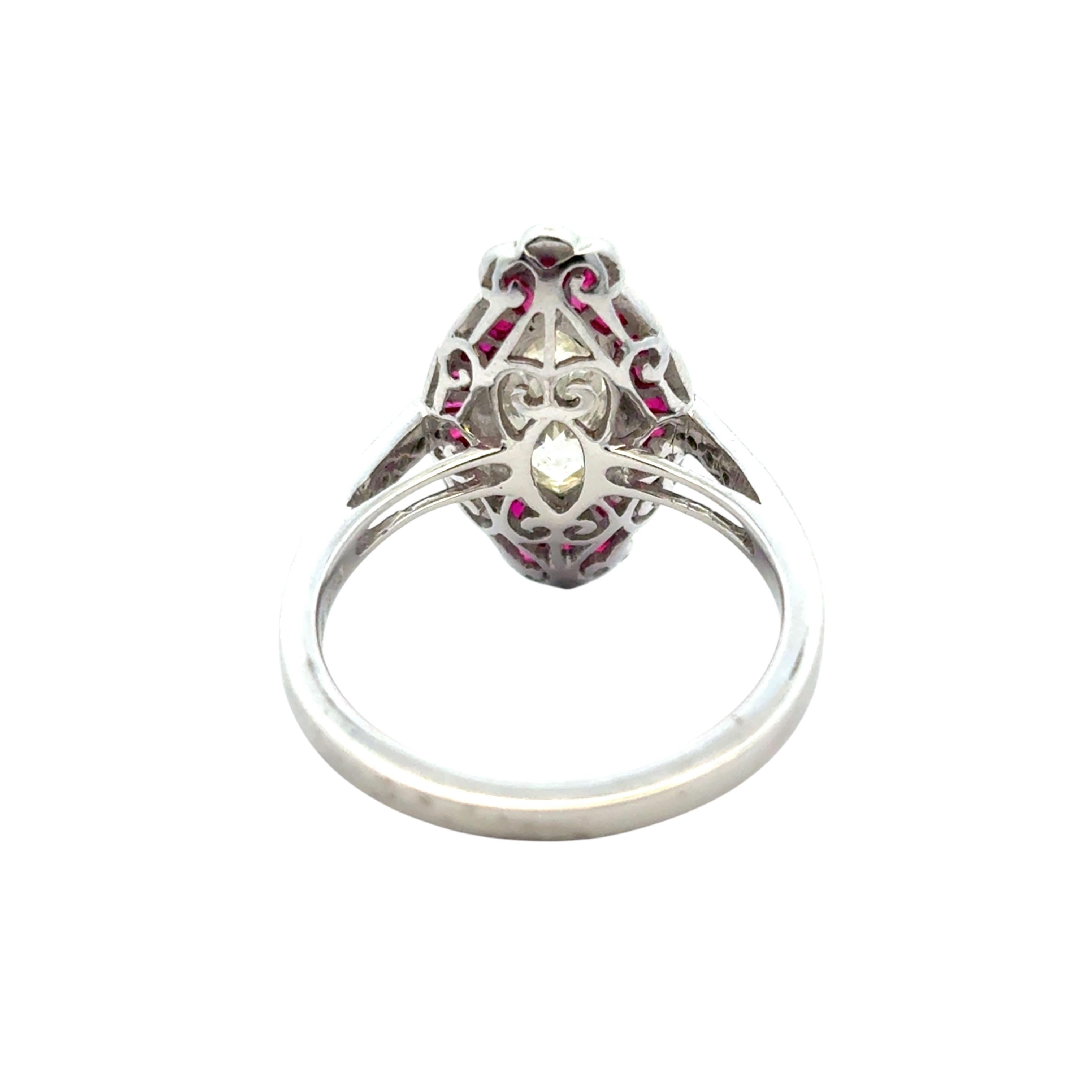 0.98 Carat Light Yellow Marquise Cut Diamond Platinum Ruby Engagement Ring For Sale 6