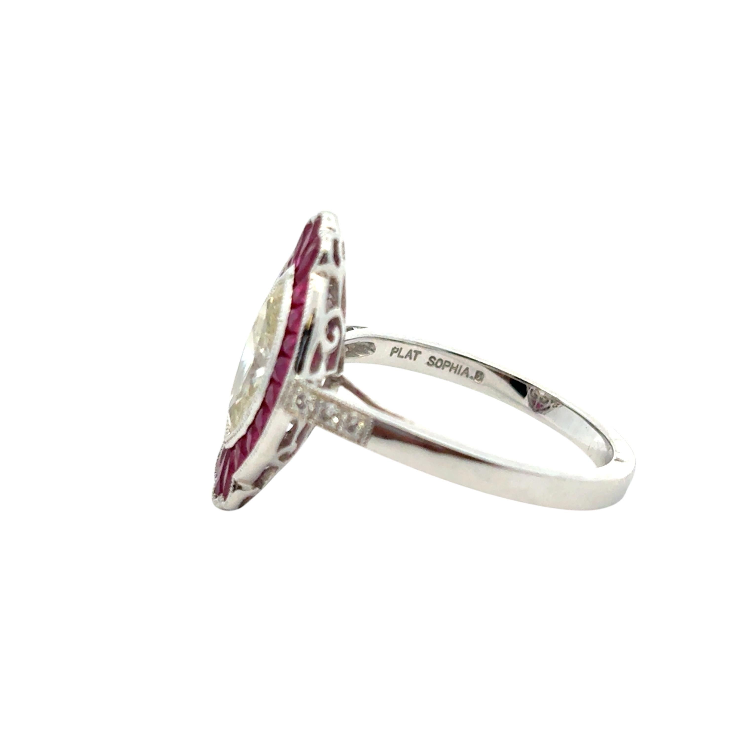 0.98 Carat Light Yellow Marquise Cut Diamond Platinum Ruby Engagement Ring For Sale 8