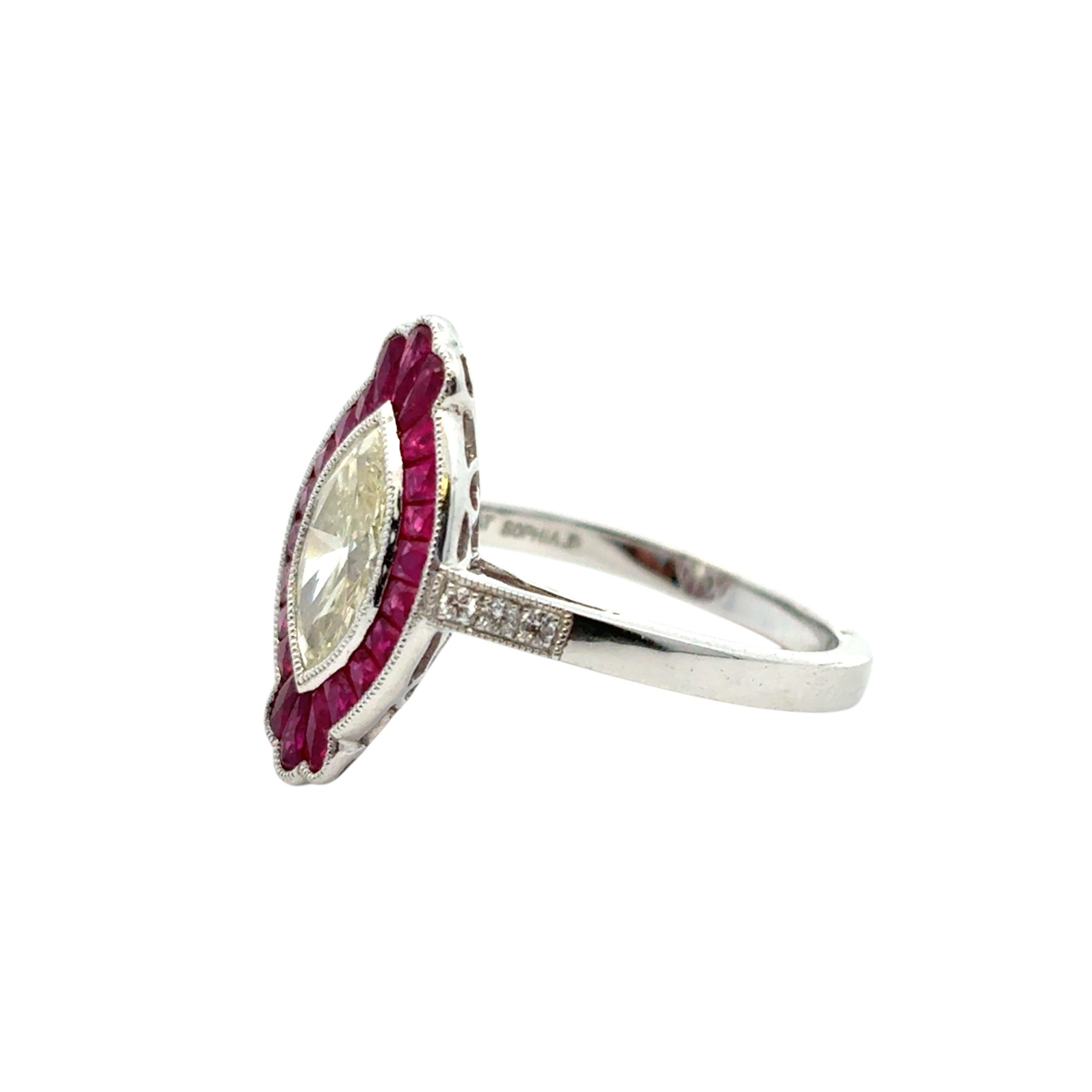 0.98 Carat Light Yellow Marquise Cut Diamond Platinum Ruby Engagement Ring For Sale 9