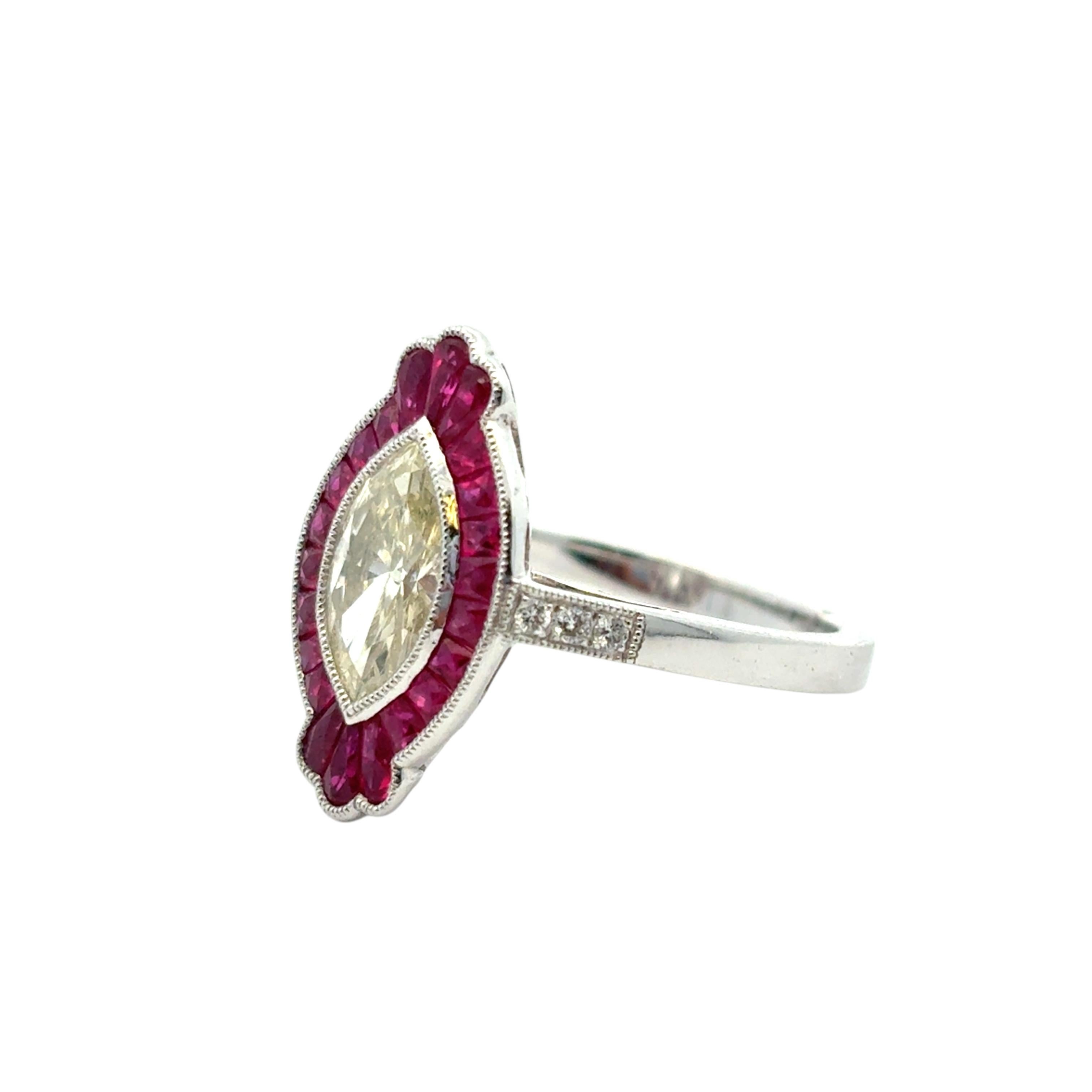 0.98 Carat Light Yellow Marquise Cut Diamond Platinum Ruby Engagement Ring For Sale 10