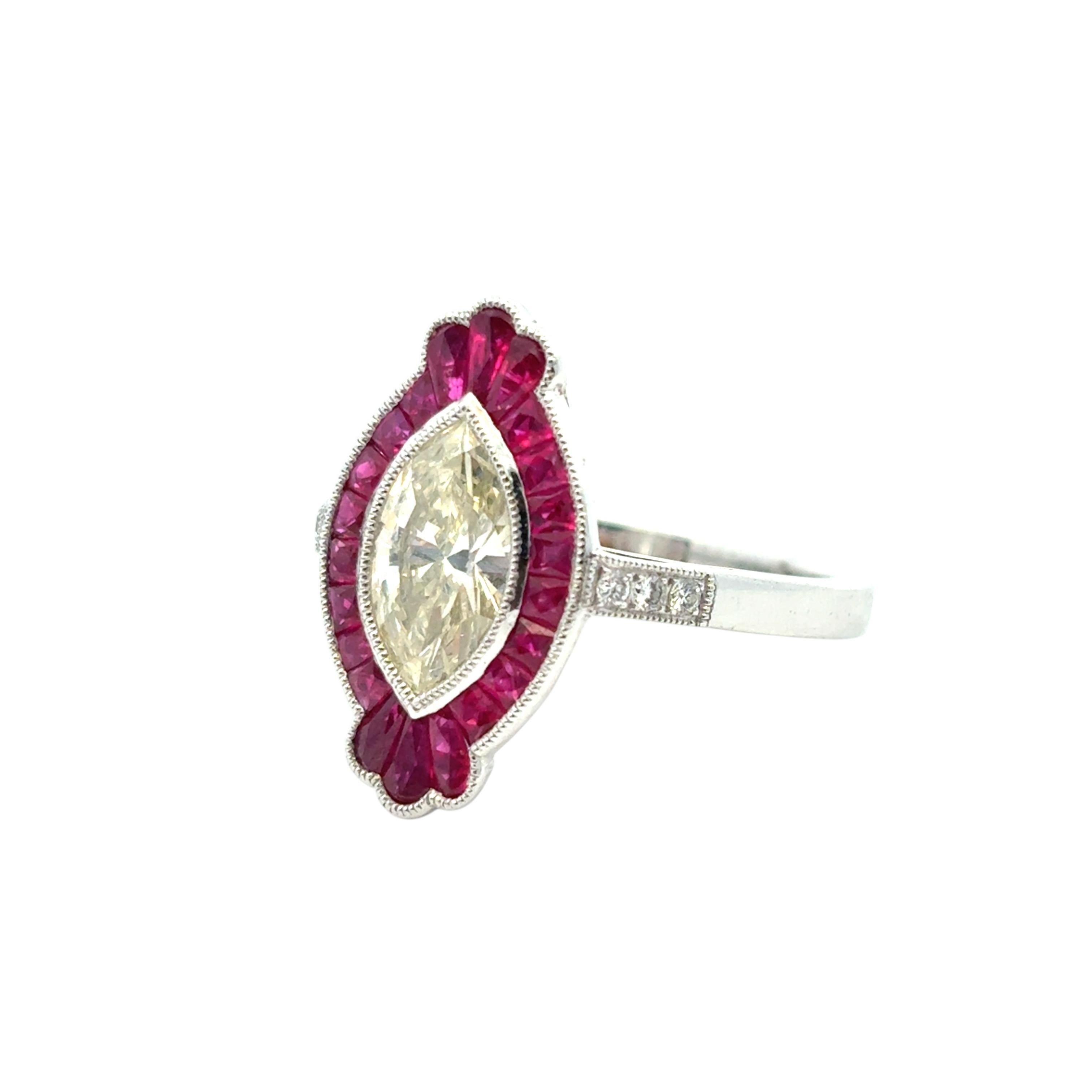 0.98 Carat Light Yellow Marquise Cut Diamond Platinum Ruby Engagement Ring For Sale 11