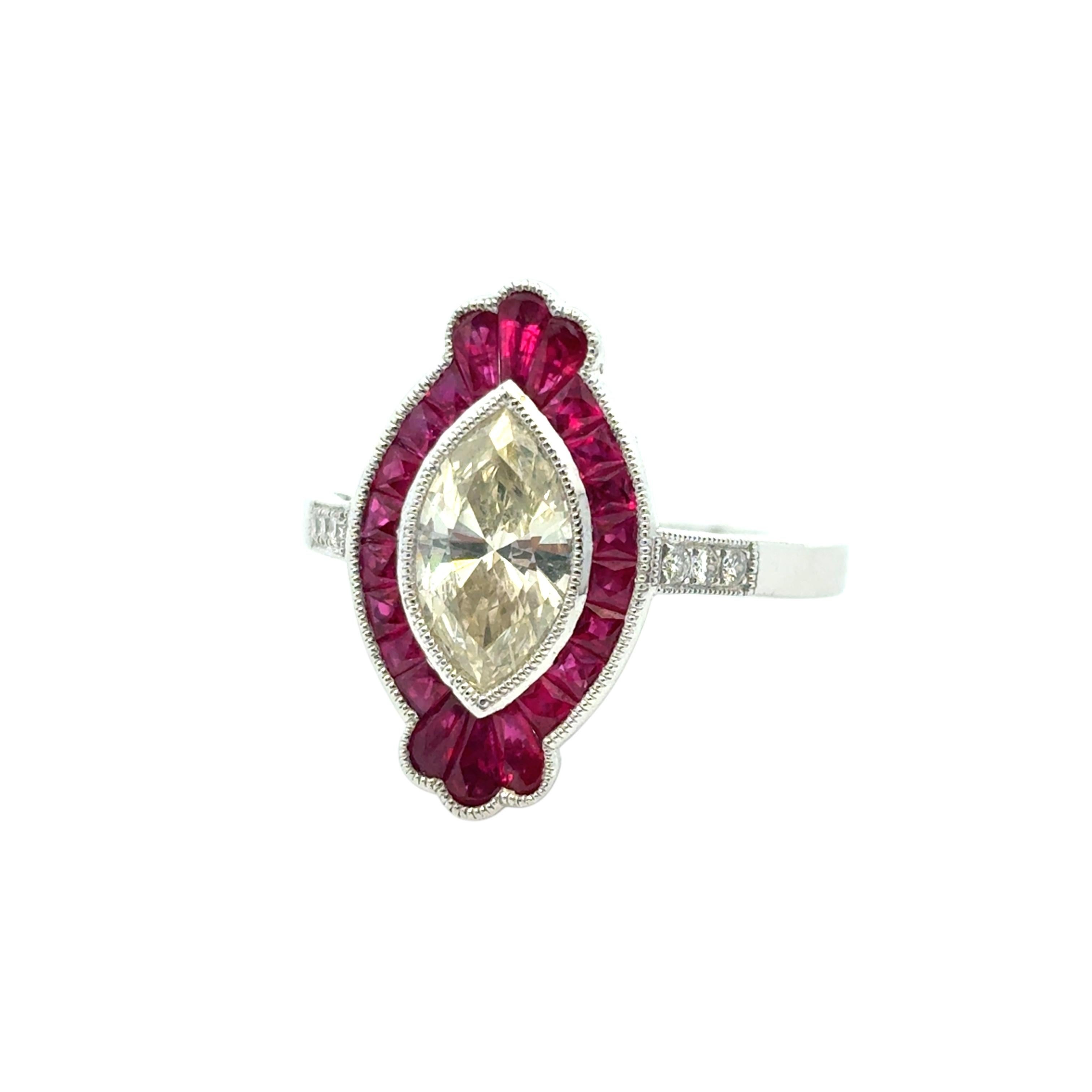 0.98 Carat Light Yellow Marquise Cut Diamond Platinum Ruby Engagement Ring For Sale 12