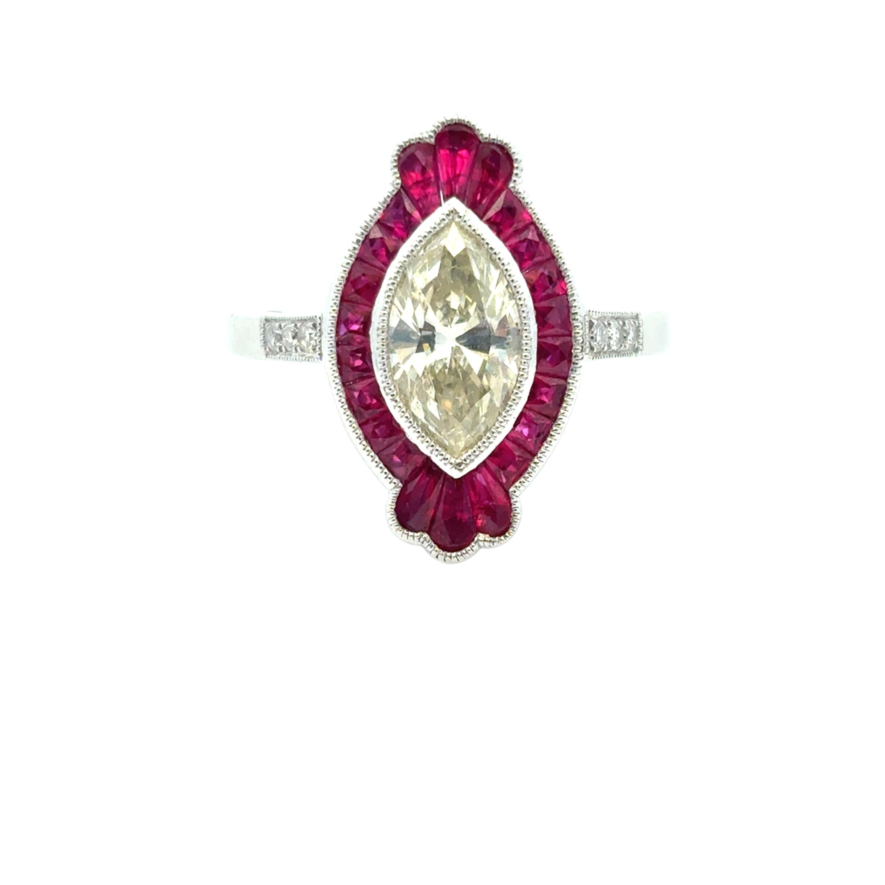 0.98 Carat Light Yellow Marquise Cut Diamond Platinum Ruby Engagement Ring For Sale 13