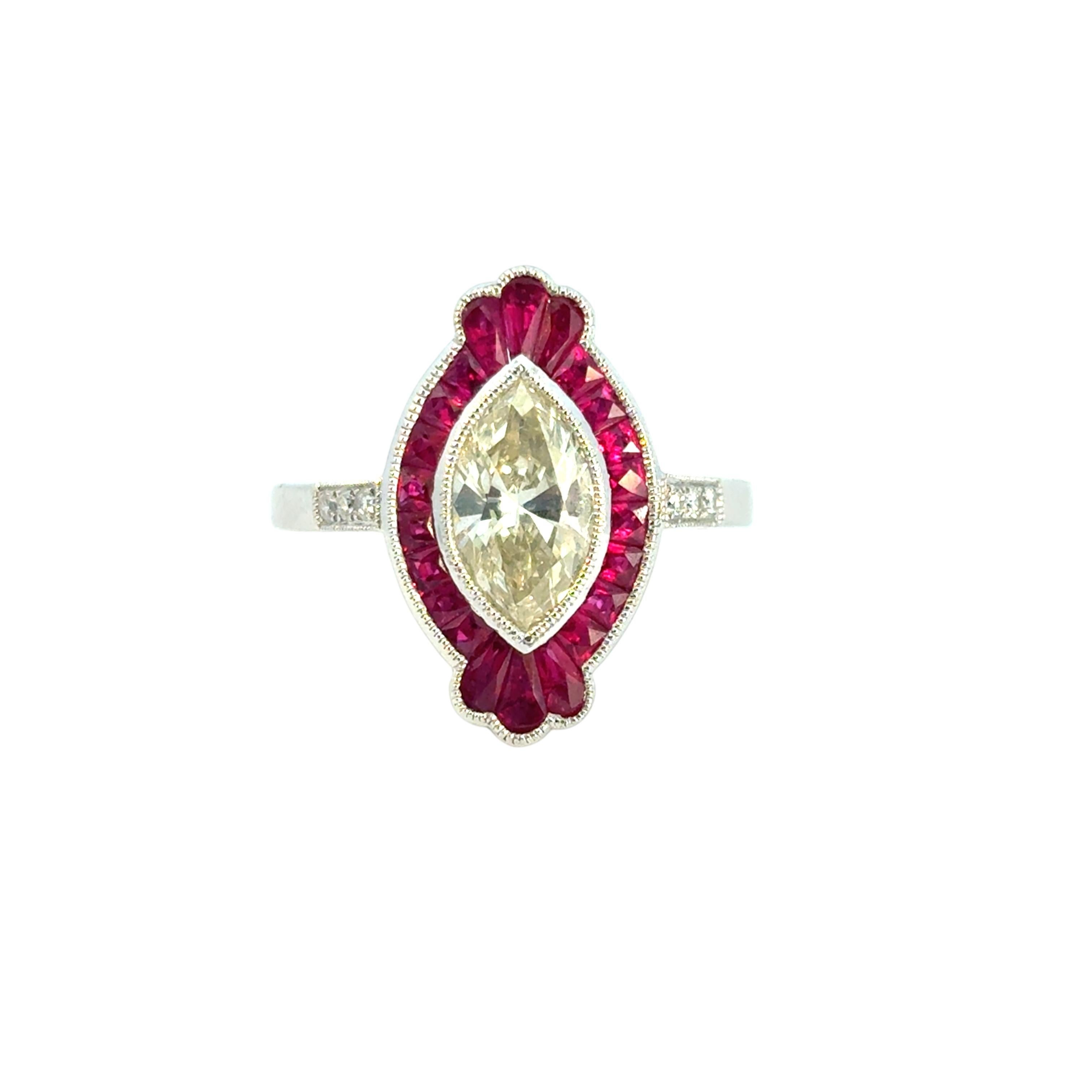 0.98 Carat Light Yellow Marquise Cut Diamond Platinum Ruby Engagement Ring For Sale 14