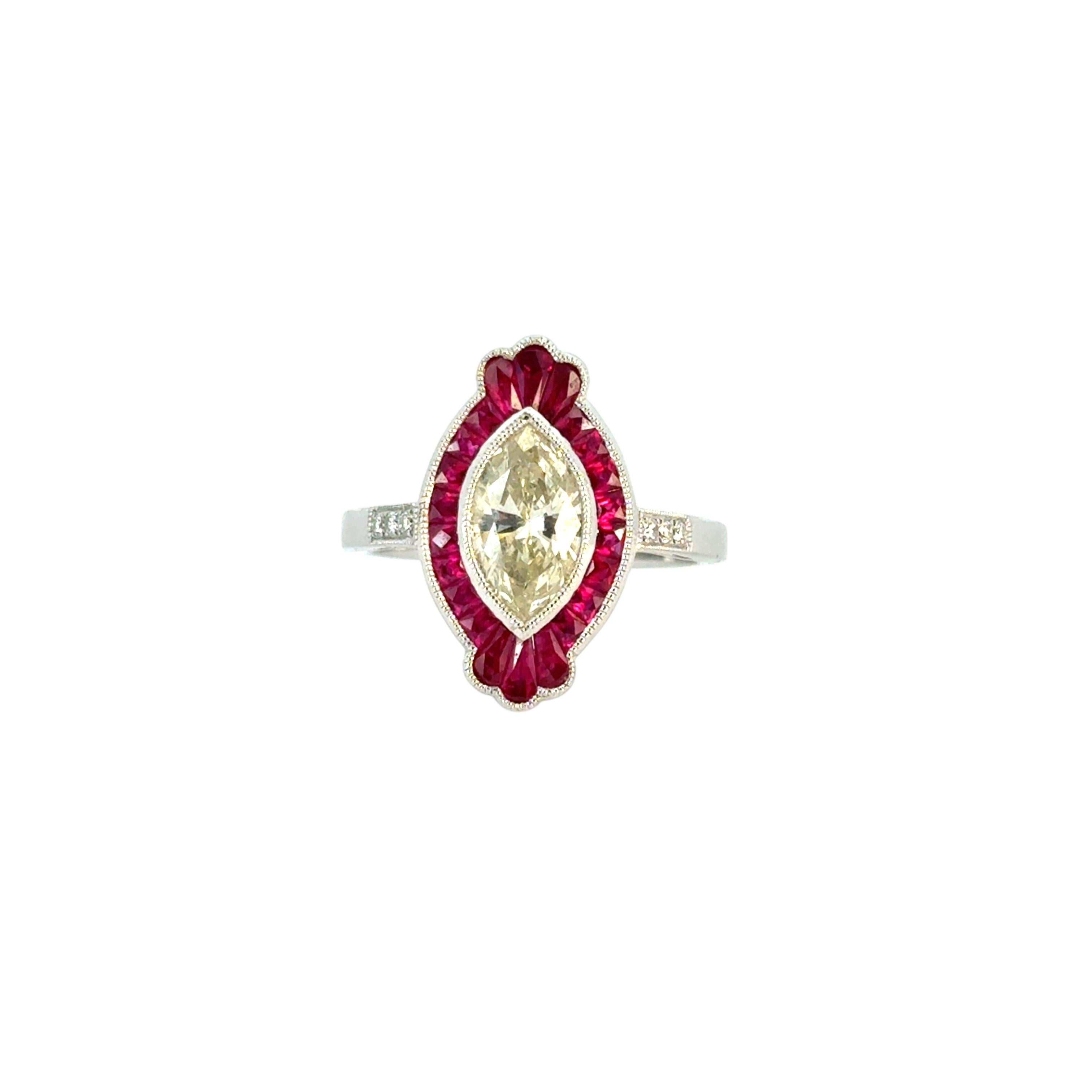 0.98 Carat Light Yellow Marquise Cut Diamond Platinum Ruby Engagement Ring

This stunning Diamond Ruby Engagement Ring is in excellent condition and is ready to ship!

Style: Engagement Ring
Material: Platinum
Main Diamond Details: The main diamond
