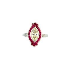 0.98 Carat Light Yellow Marquise Cut Diamond Platinum Ruby Engagement Ring