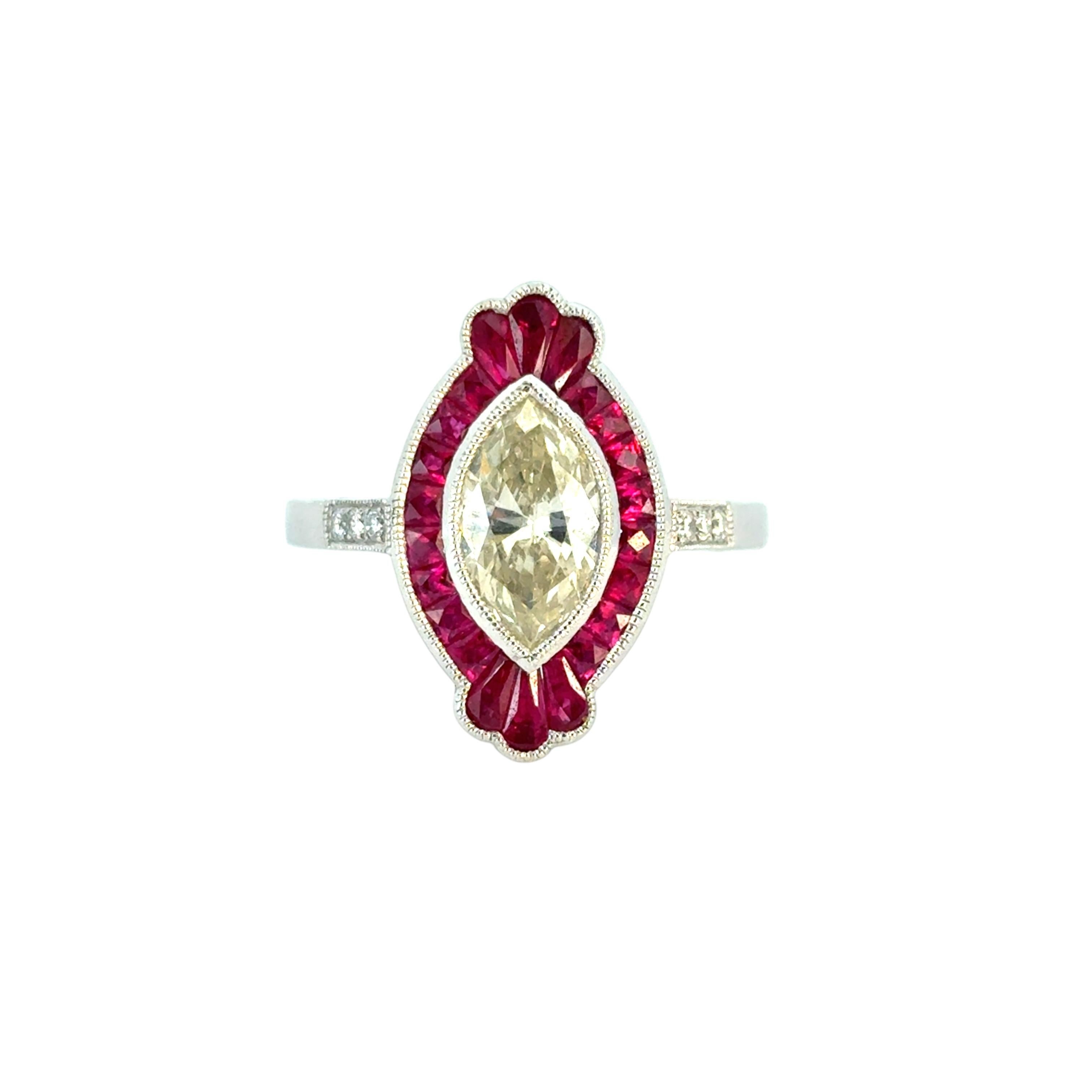 Modern 0.98 Carat Light Yellow Marquise Cut Diamond Platinum Ruby Engagement Ring For Sale