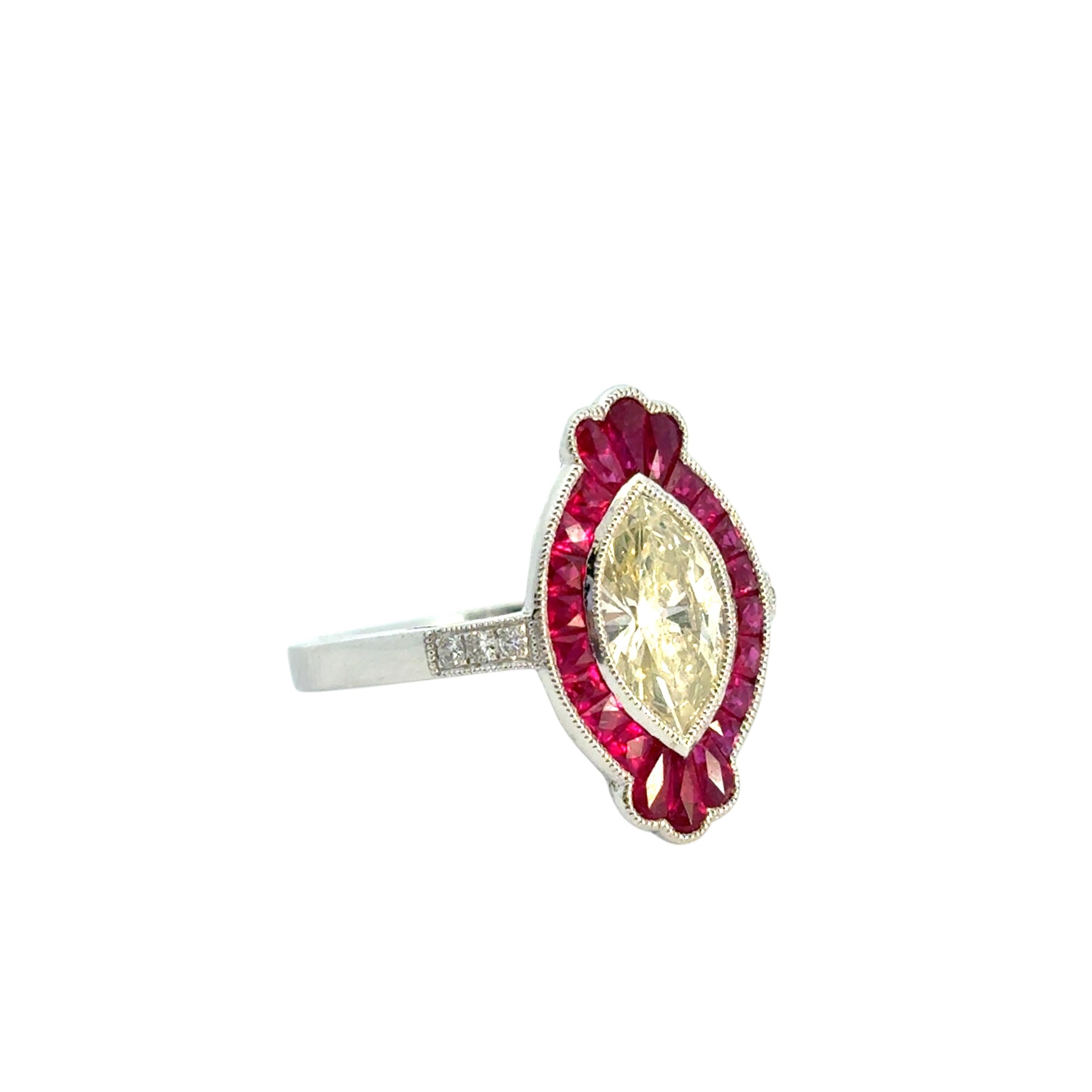 Women's 0.98 Carat Light Yellow Marquise Cut Diamond Platinum Ruby Engagement Ring For Sale