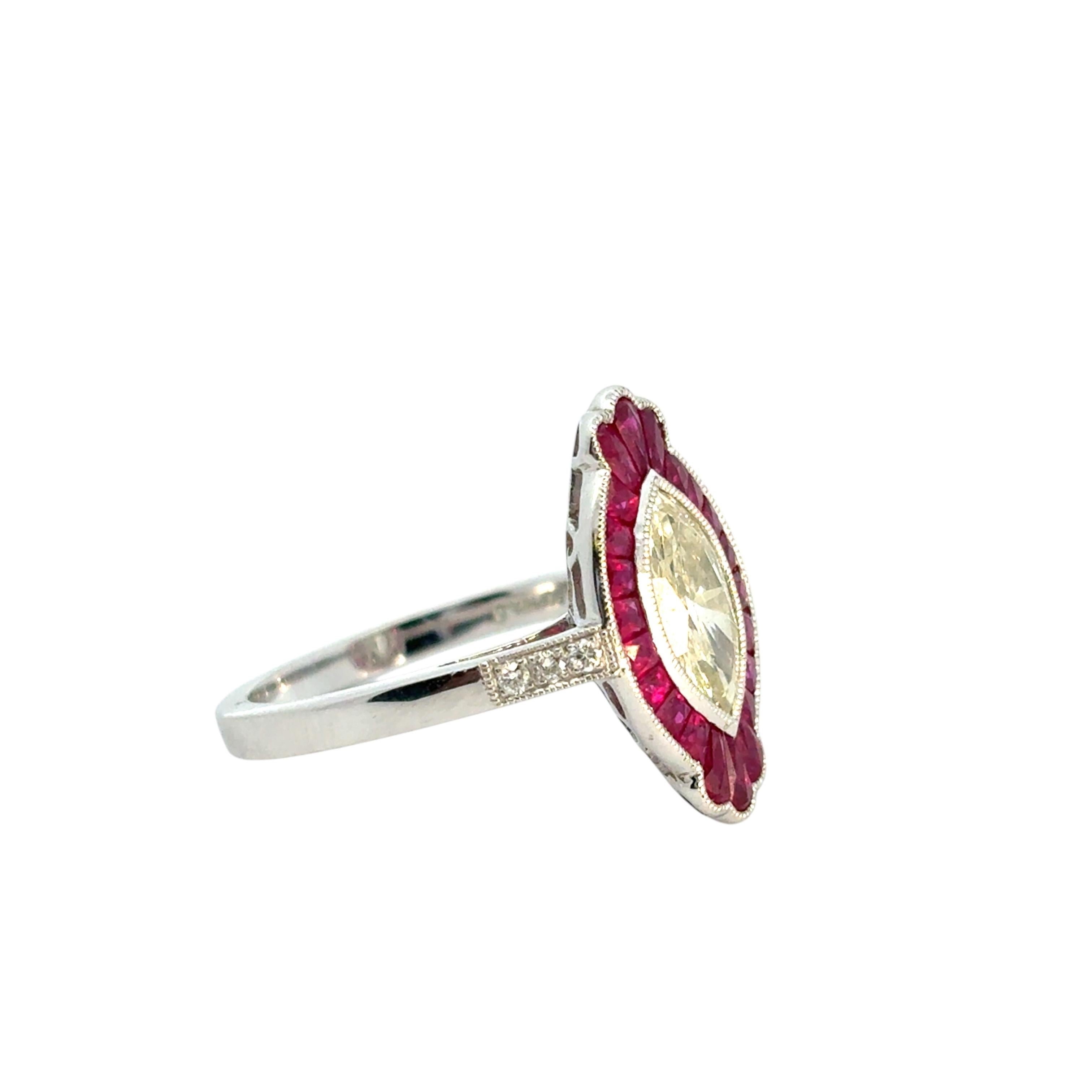 0.98 Carat Light Yellow Marquise Cut Diamond Platinum Ruby Engagement Ring For Sale 2