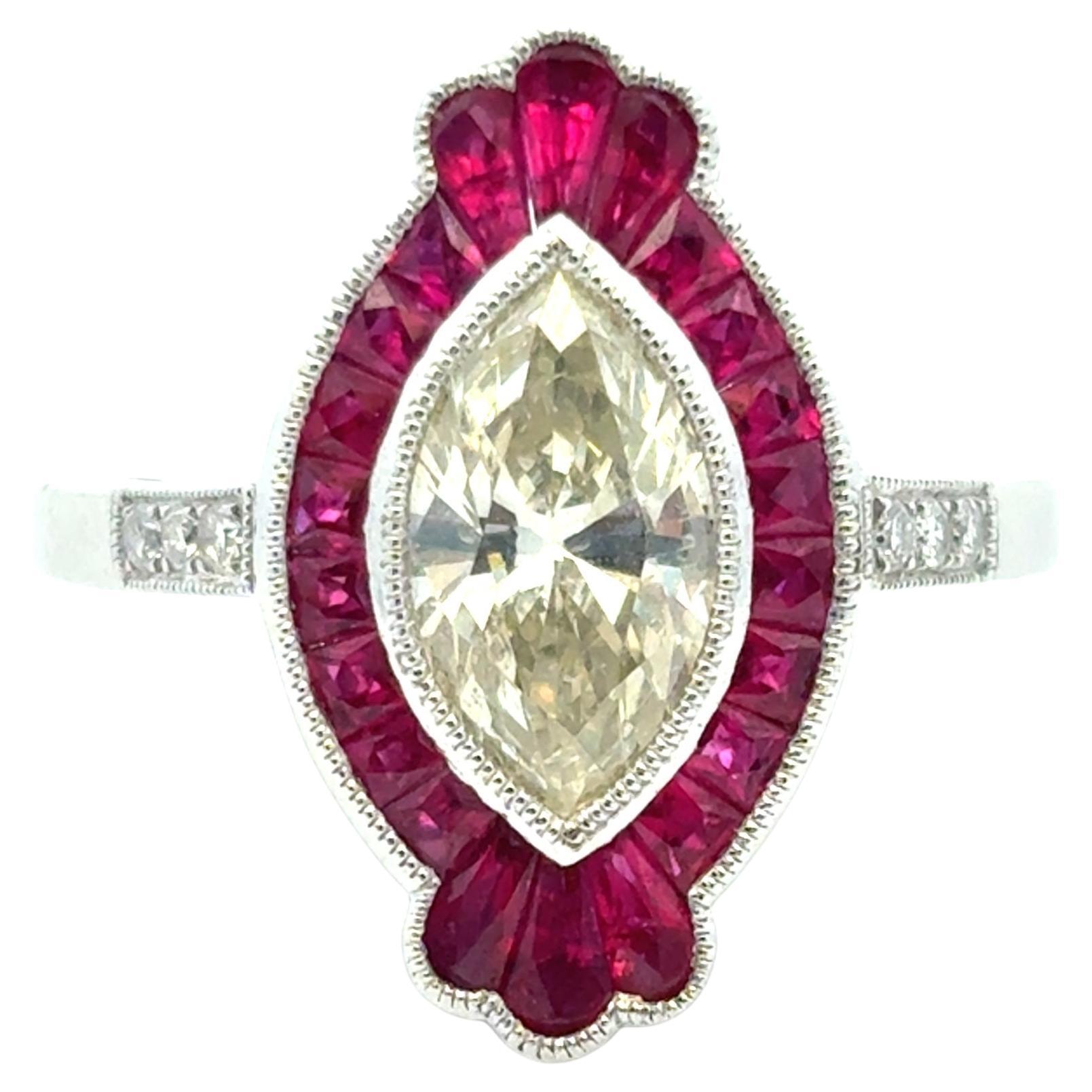 0.98 Carat Light Yellow Marquise Cut Diamond Platinum Ruby Engagement Ring