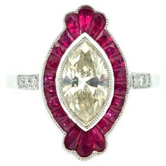 Verlobungsring mit 0,98 Karat hellgelbem Diamant im Marquise-Schliff aus Platin mit Rubin