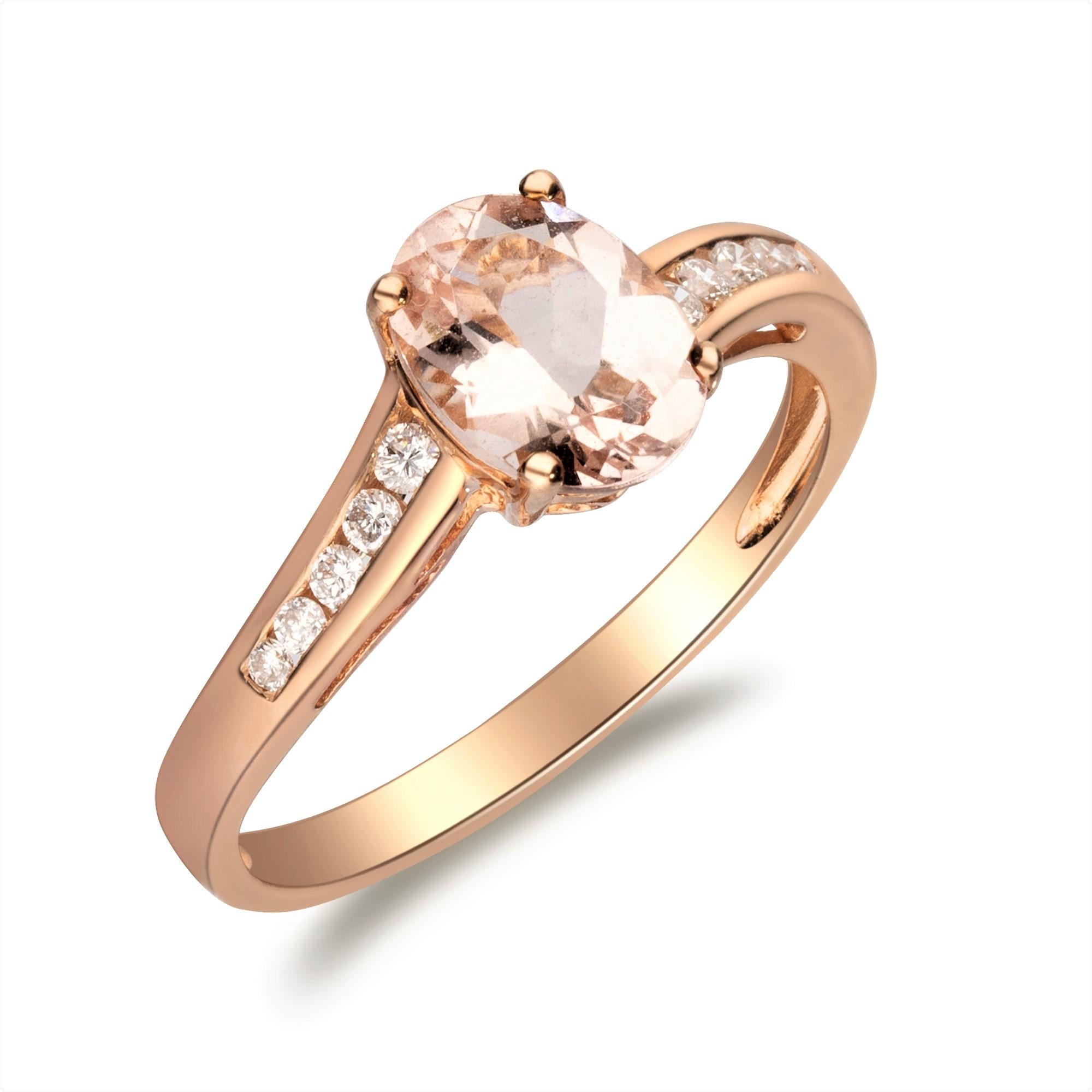 Women's 0.98 Carat Morganite Oval Cut Diamond Accents 10K Rose Gold Bridal Ring For Sale