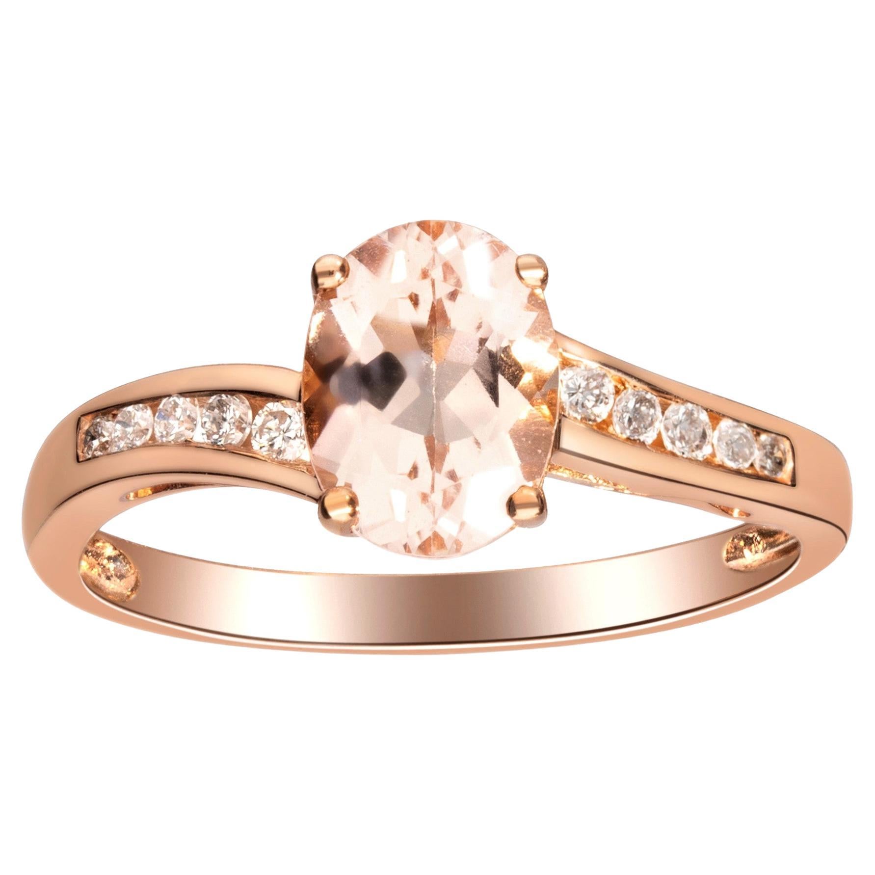 0.98 Carat Morganite Oval Cut Diamond Accents 10K Rose Gold Bridal Ring For Sale