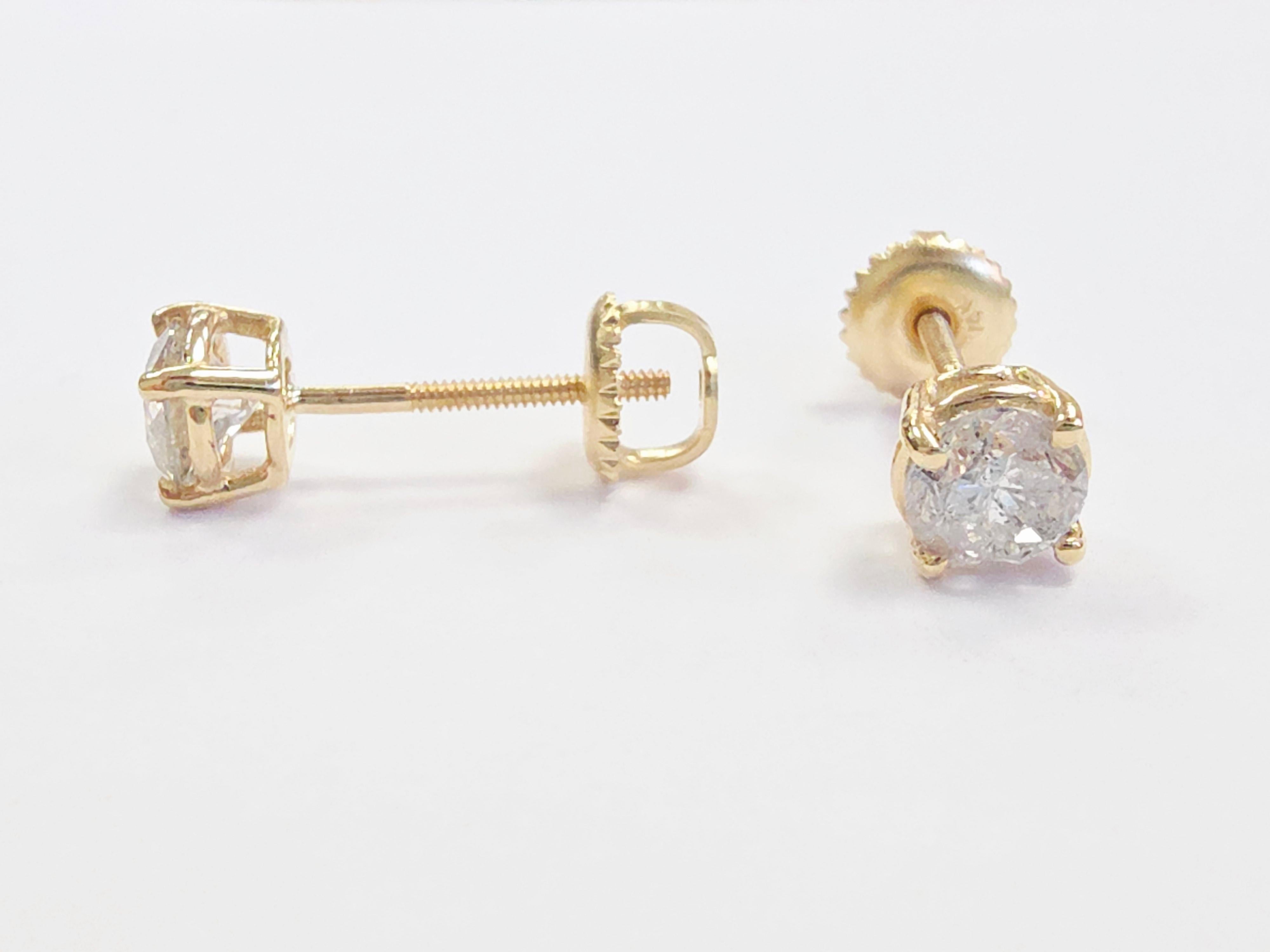da uomo o donna 0,98 Carati Nature Brilliante Rotondo Diamante Borchie Oro Giallo 14 Carati in vendita