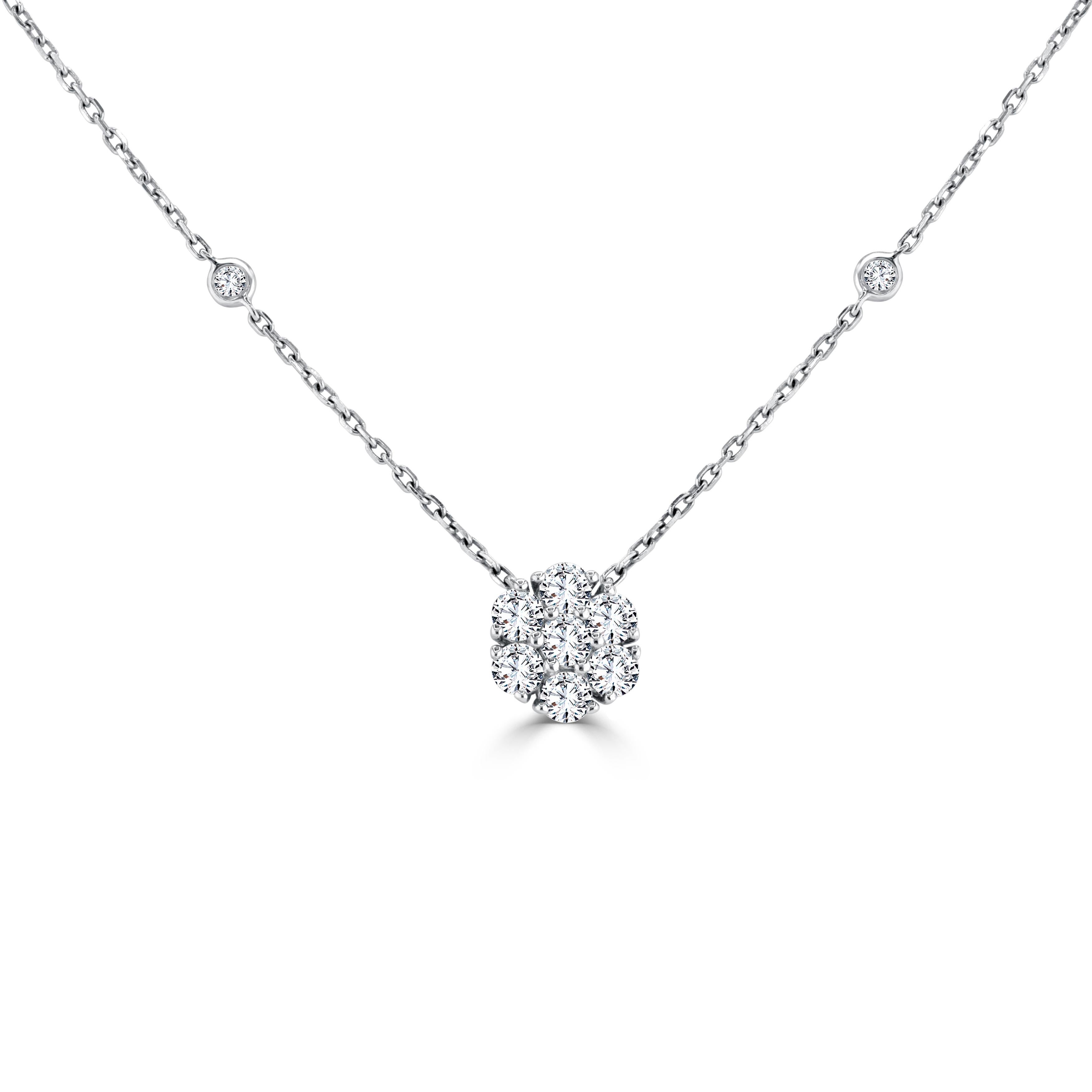 Round Cut 0.98 Carat Natural Diamond Flower Pendant in 14k White Gold ref1746 For Sale