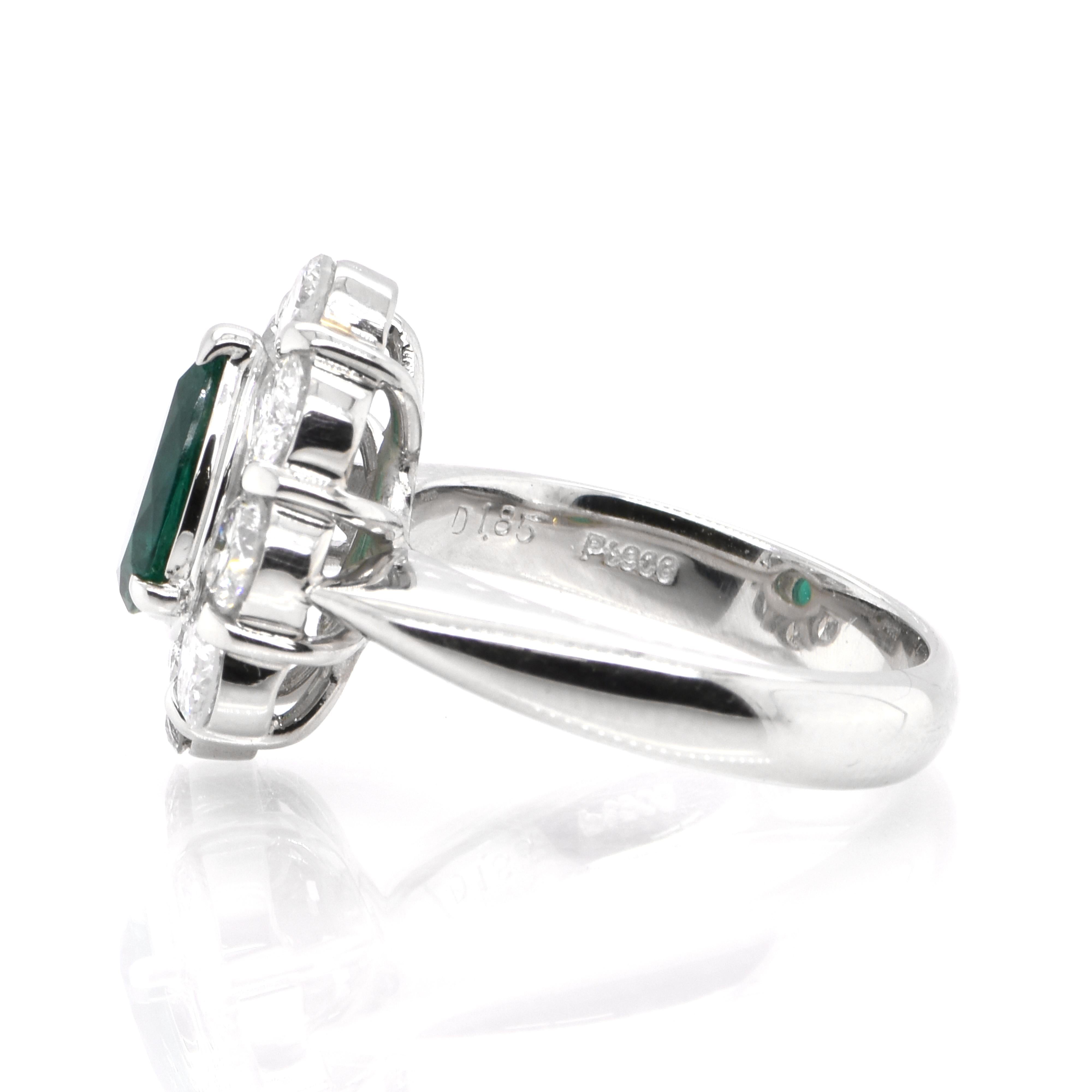 Pear Cut 0.98 Carat Natural Pear-Shaped Emerald and Diamond Ring Set in Platinum For Sale