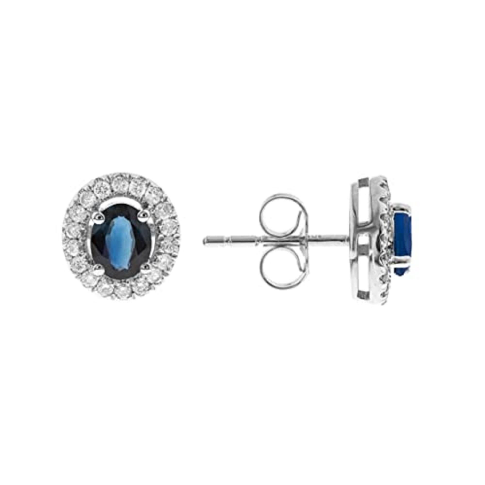 Art Deco 0.98 Carat Oval-Cut Blue Sapphire Diamond accents 10K White Gold Stud Earring For Sale
