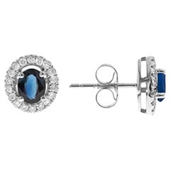 0.98 Carat Oval-Cut Blue Sapphire Diamond accents 10K White Gold Stud Earring