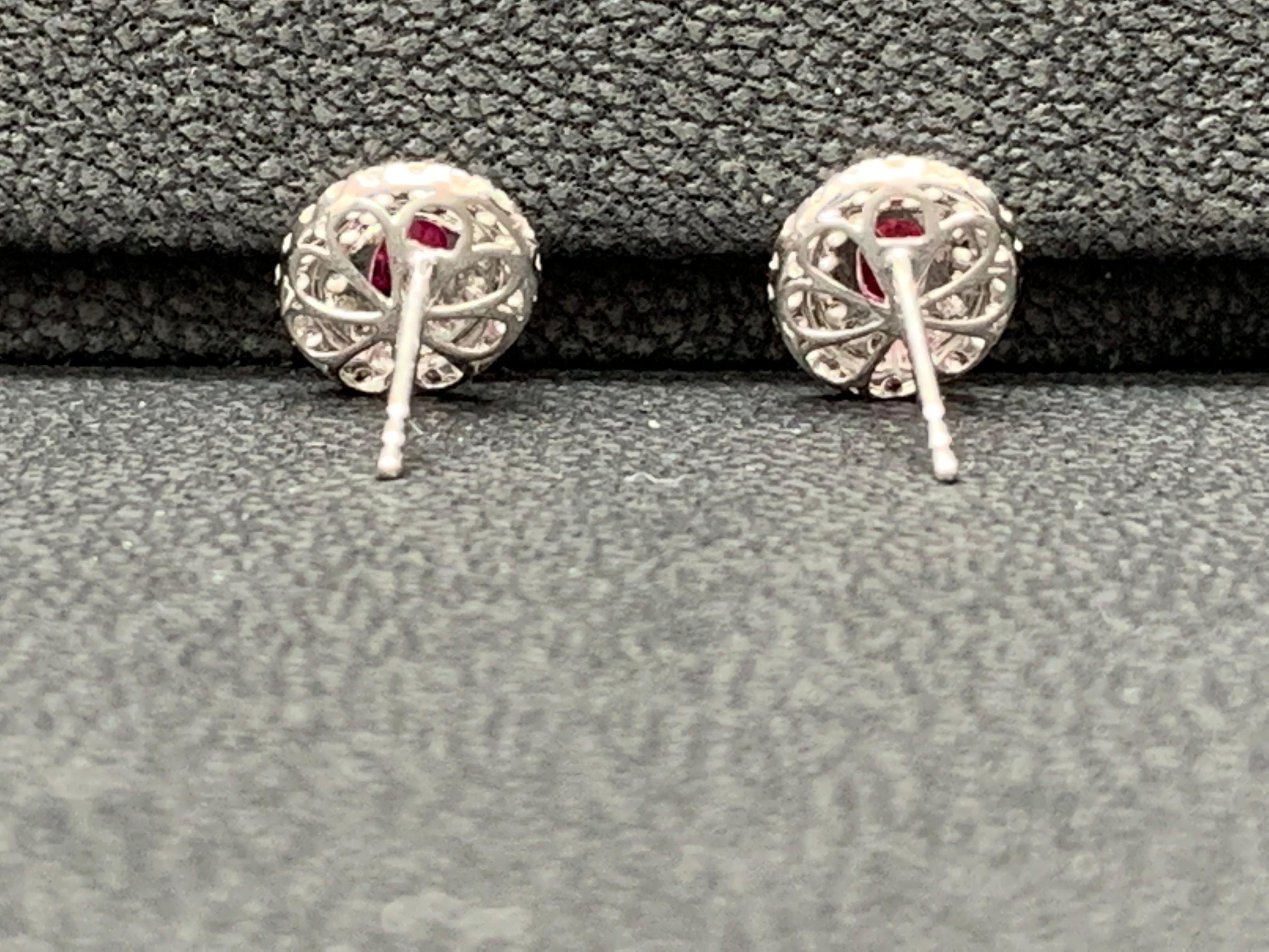 0.98 Carat Oval Cut Ruby and Diamond Stud Earrings in 18K White Gold For Sale 1