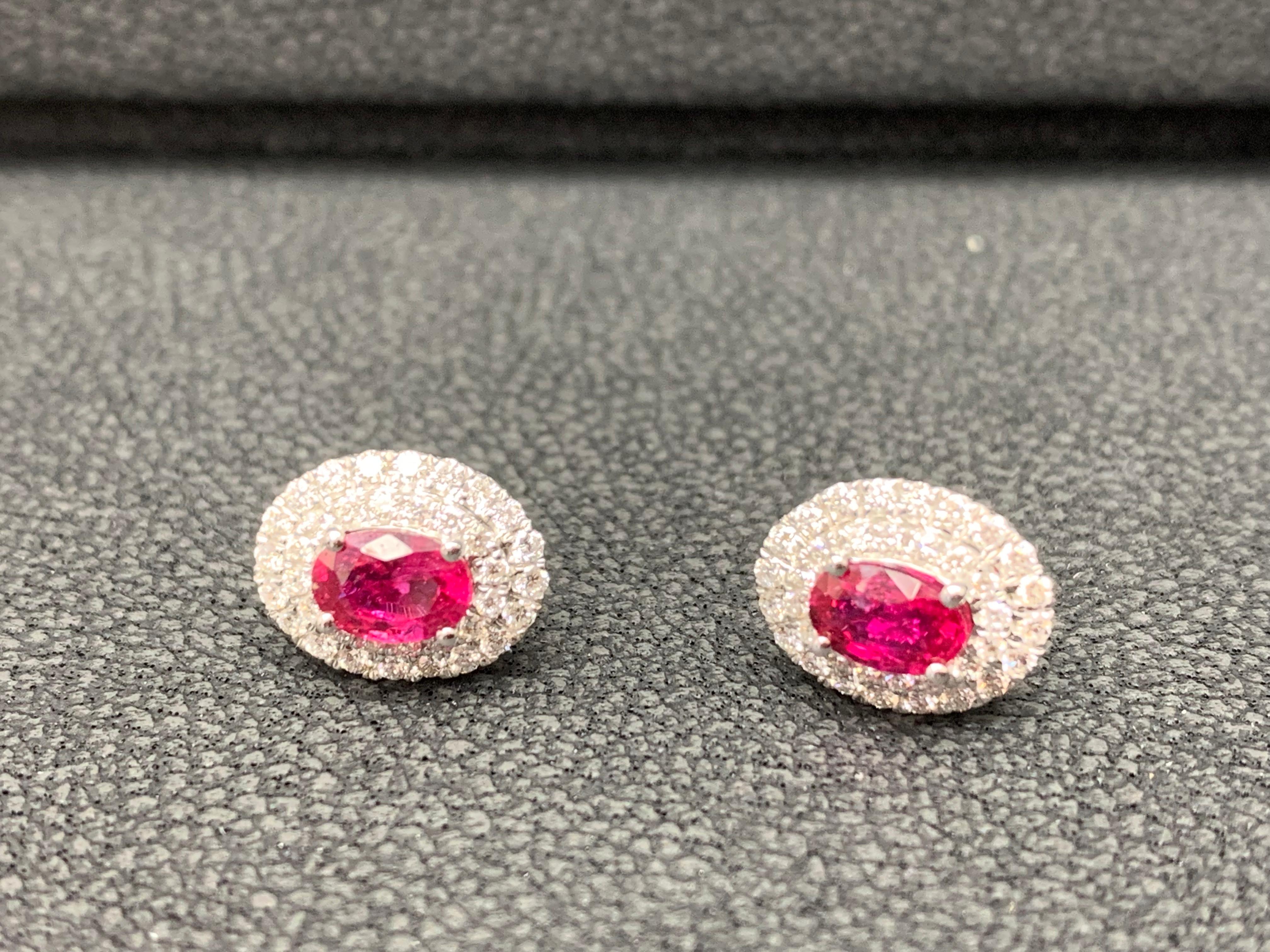 0.98 Carat Oval Cut Ruby and Diamond Stud Earrings in 18K White Gold For Sale 3