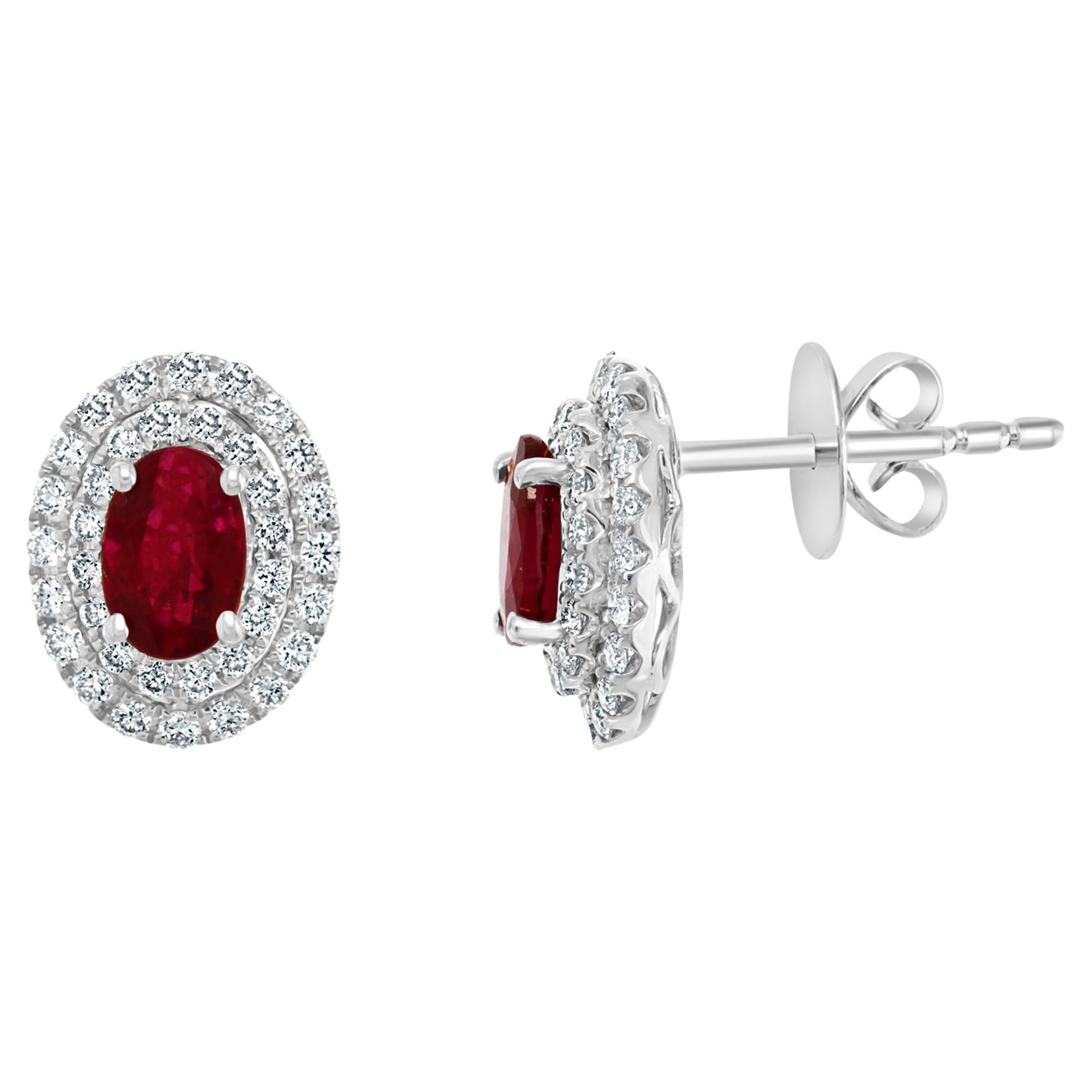 0.98 Carat Oval Cut Ruby and Diamond Stud Earrings in 18K White Gold