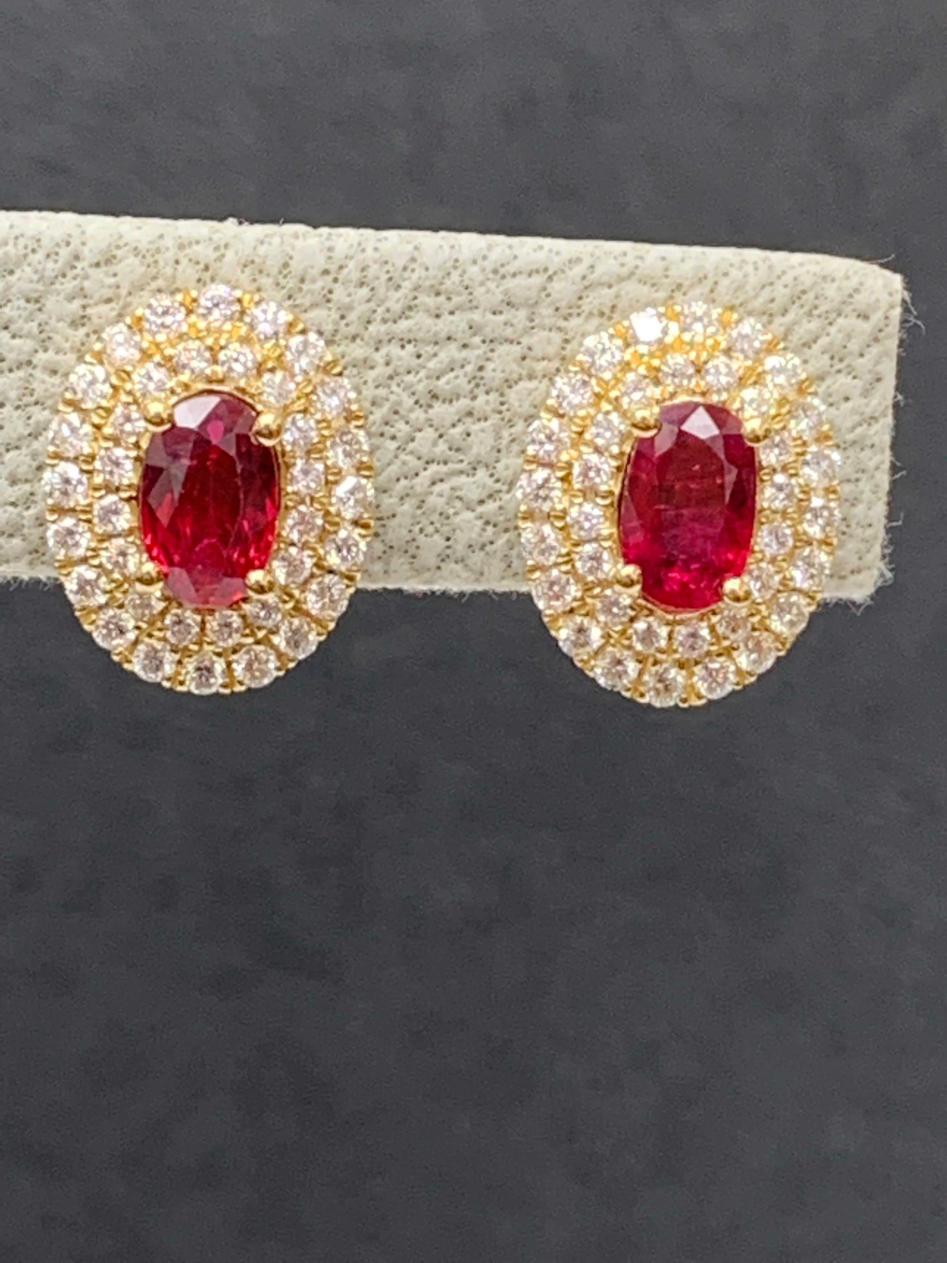 0.98 Carat Oval Cut Ruby and Diamond Stud Earrings in 18K Yellow Gold For Sale 5