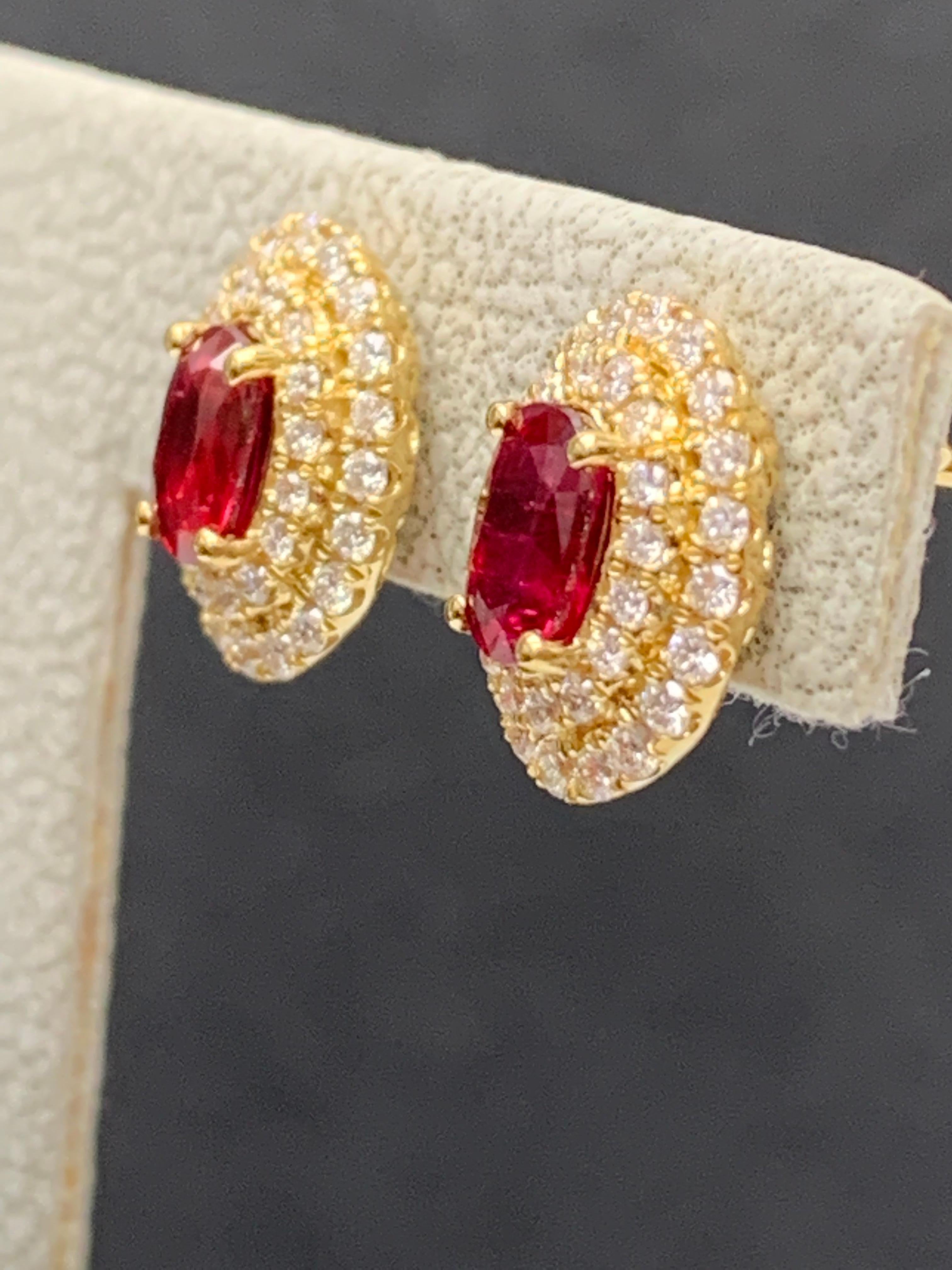 0.98 Carat Oval Cut Ruby and Diamond Stud Earrings in 18K Yellow Gold For Sale 7