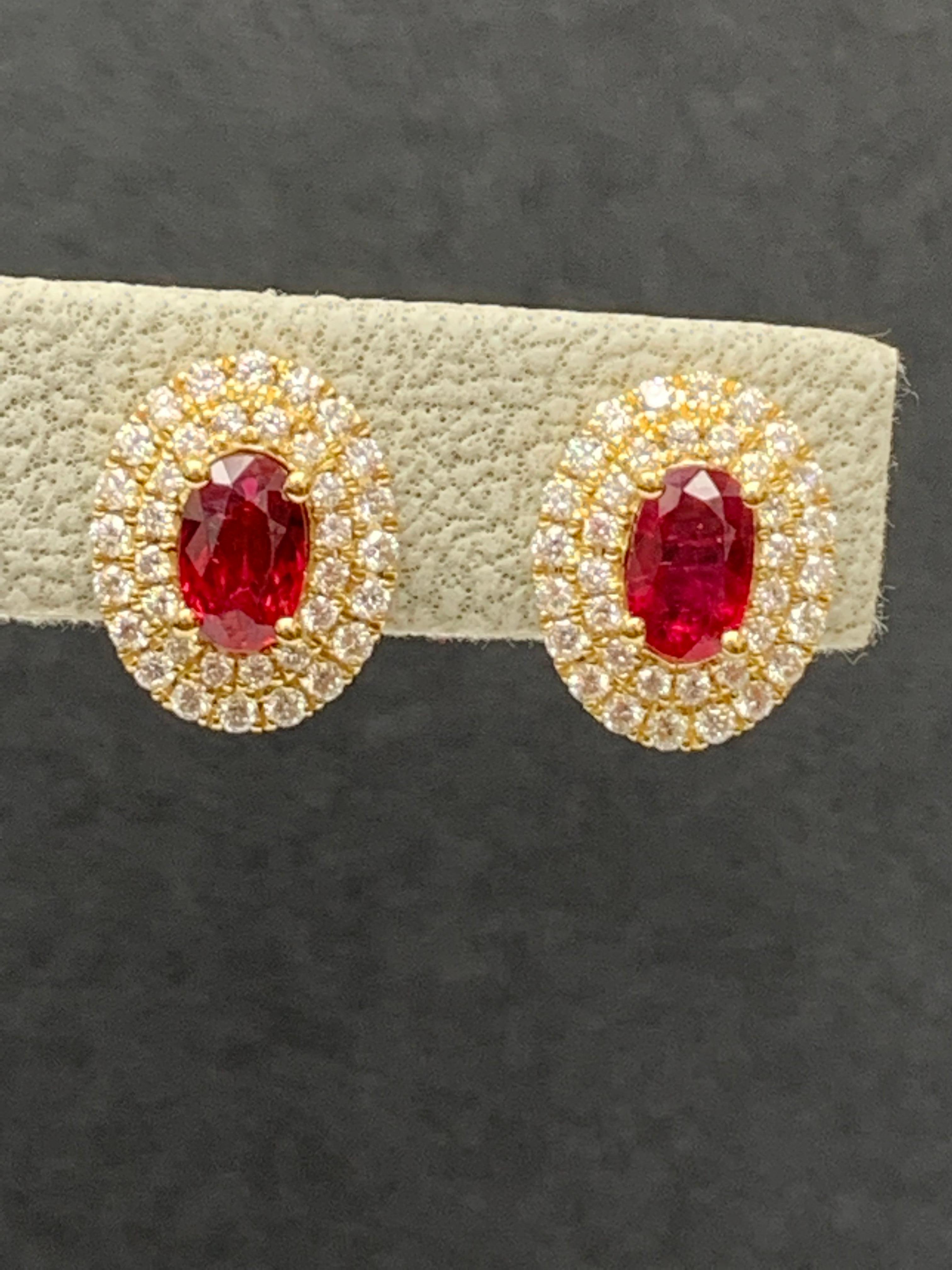 0.98 Carat Oval Cut Ruby and Diamond Stud Earrings in 18K Yellow Gold For Sale 8