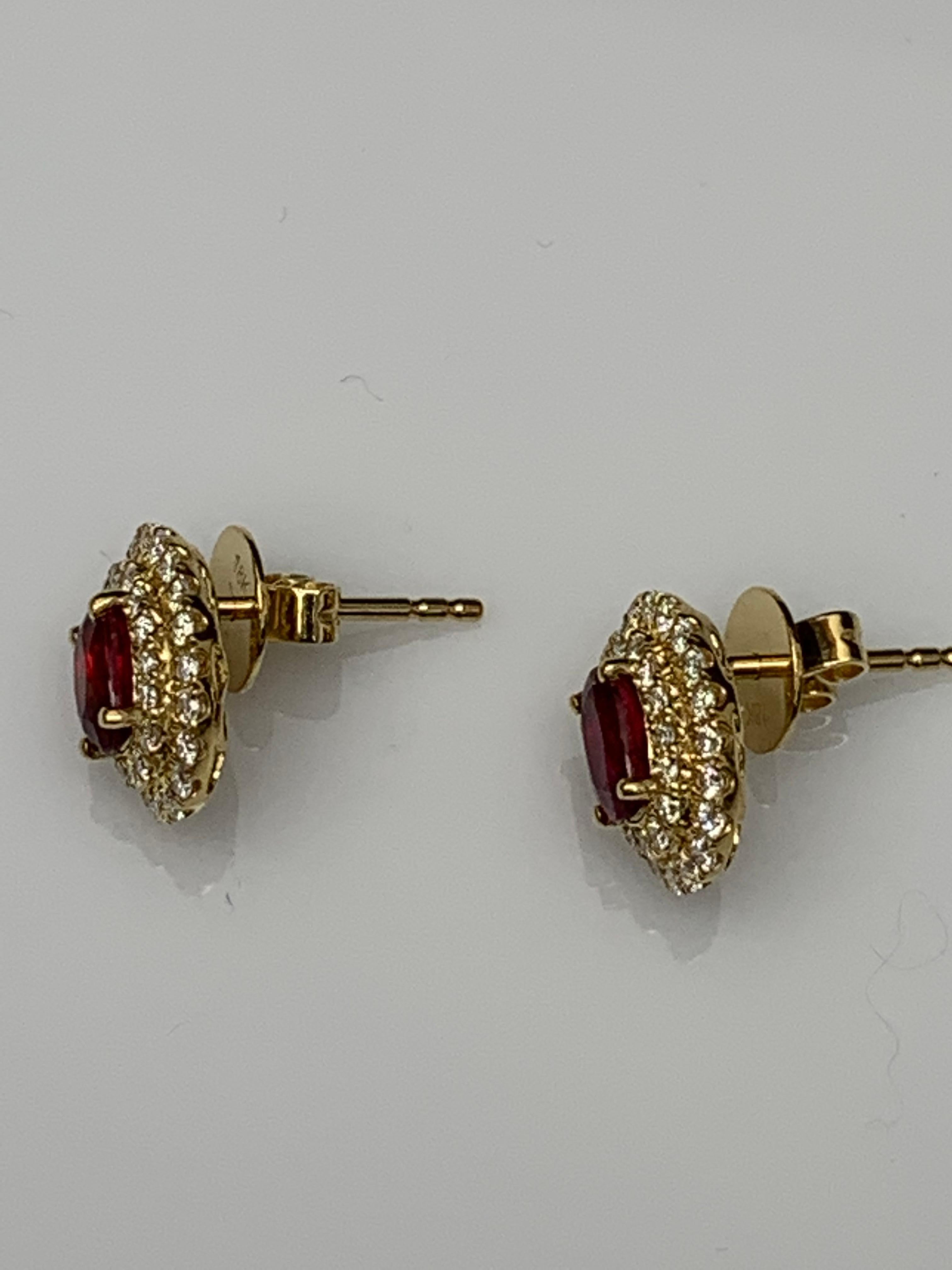 0.98 Carat Oval Cut Ruby and Diamond Stud Earrings in 18K Yellow Gold For Sale 2