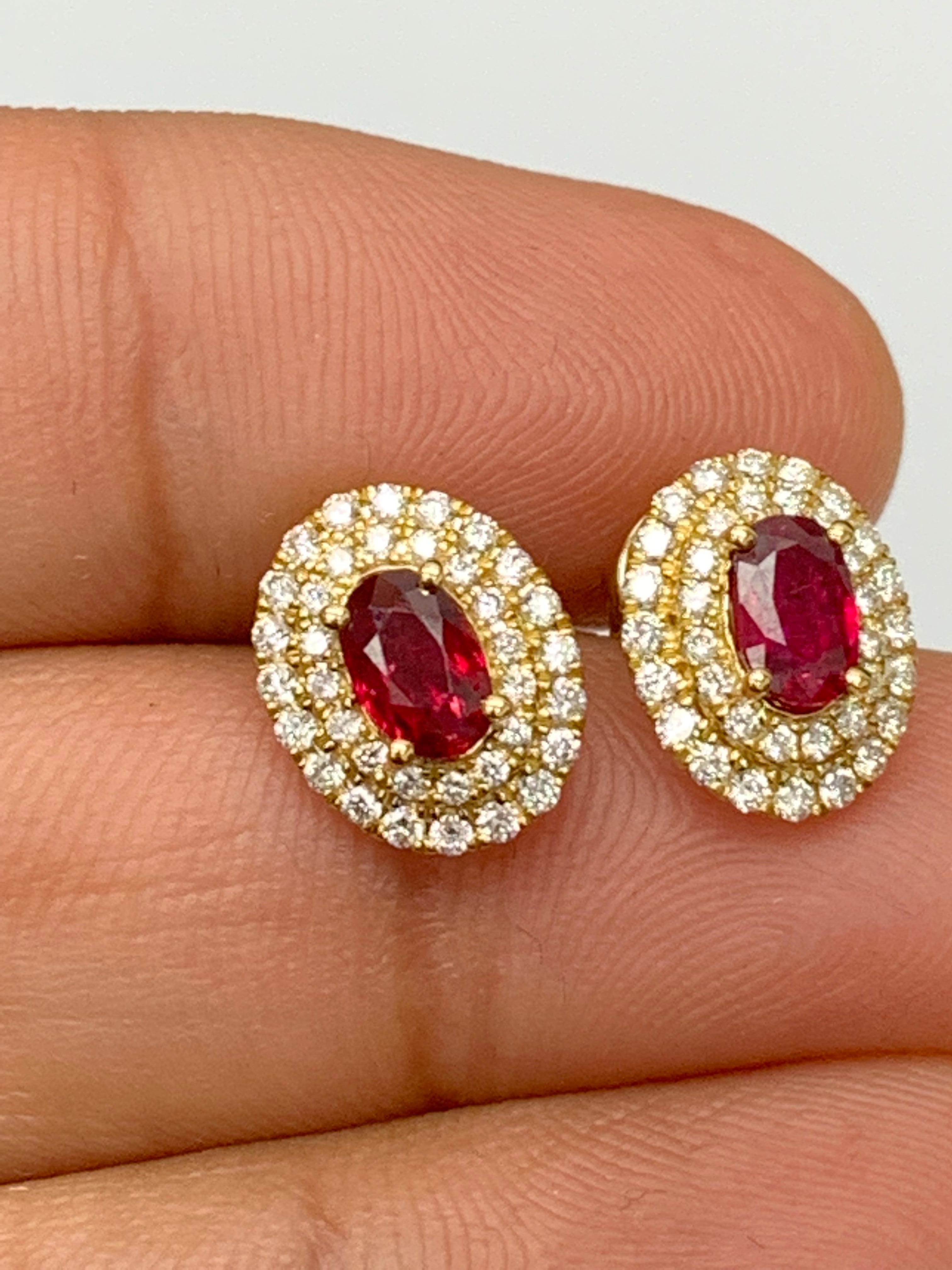 0.98 Carat Oval Cut Ruby and Diamond Stud Earrings in 18K Yellow Gold For Sale 3
