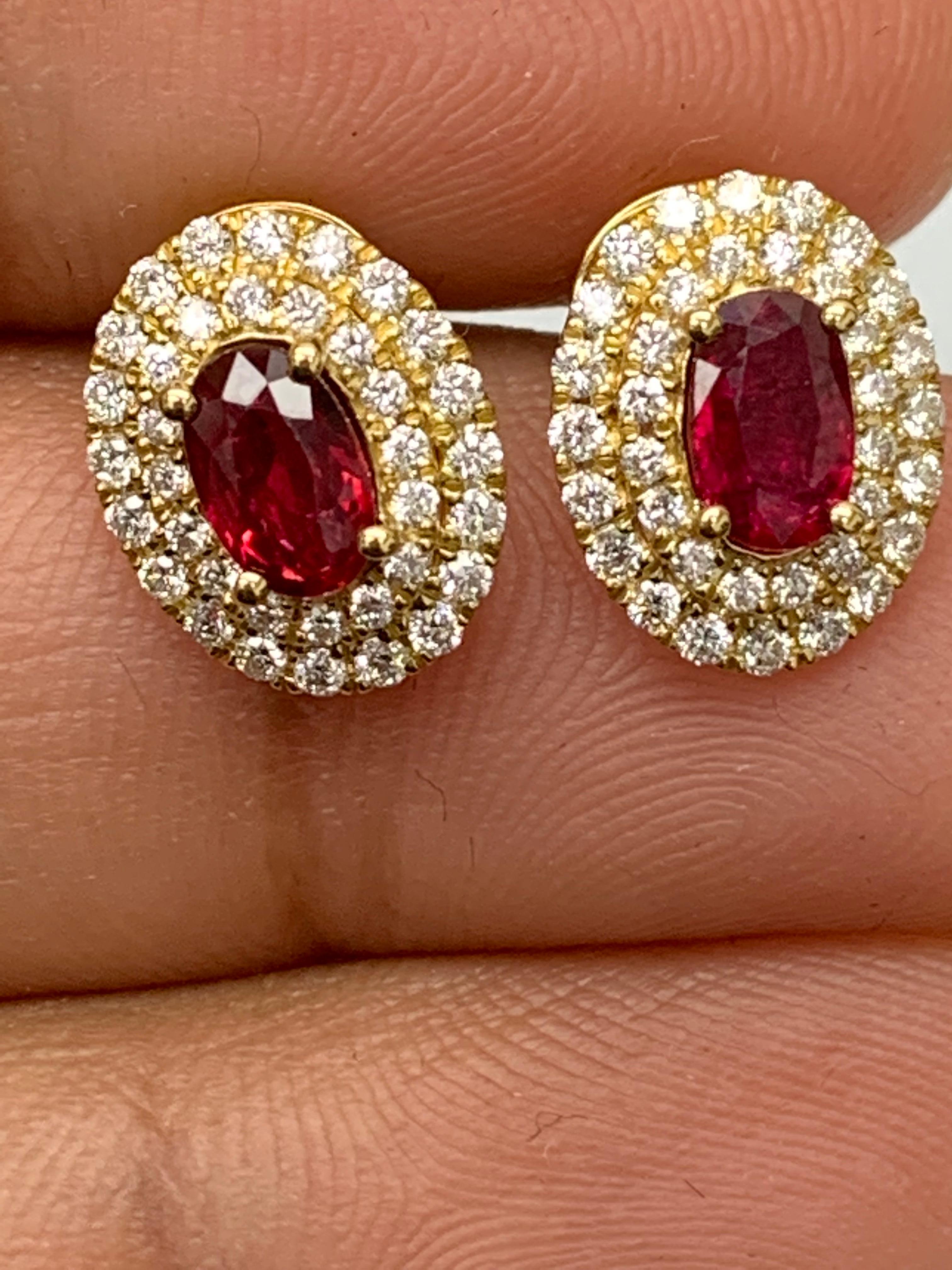 0.98 Carat Oval Cut Ruby and Diamond Stud Earrings in 18K Yellow Gold For Sale 4