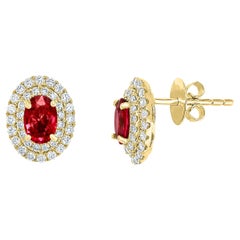 0.98 Carat Oval Cut Ruby and Diamond Stud Earrings in 18K Yellow Gold