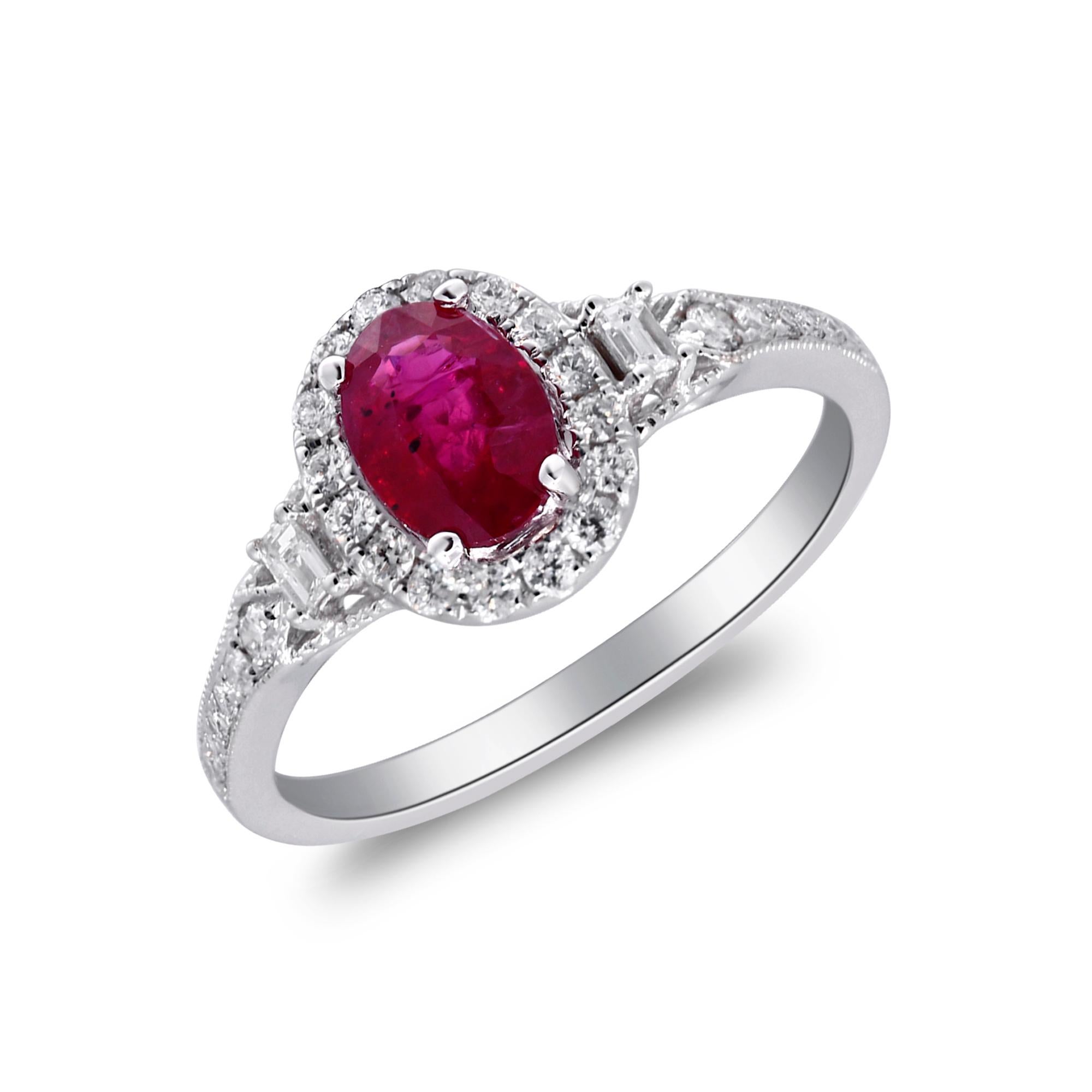 Decorate yourself in elegance with this Ring is crafted from 14-karat White Gold by Gin & Grace. This Ring is made up of Oval-Cut Ruby (1 pcs) 0.98 carat and Round-cut White Diamond (28 Pcs) 0.24 Carat, Baguette-cut White Diamond (2 pcs) 0.09 carat.