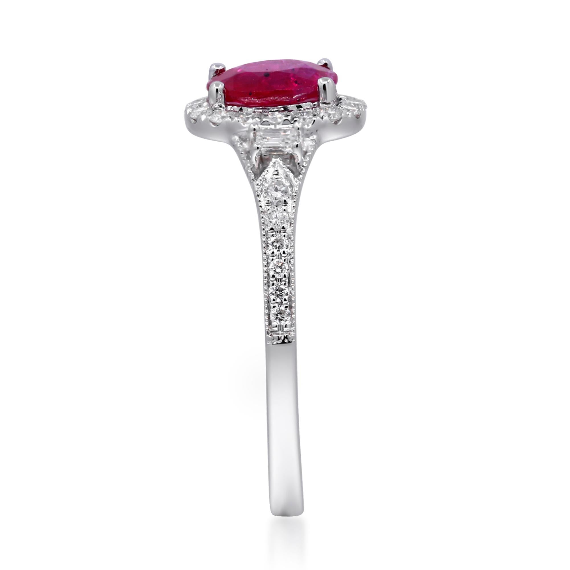 Art Deco 0.98 Carat Oval-Cut Ruby with Diamond Accents 14K White Gold Ring For Sale