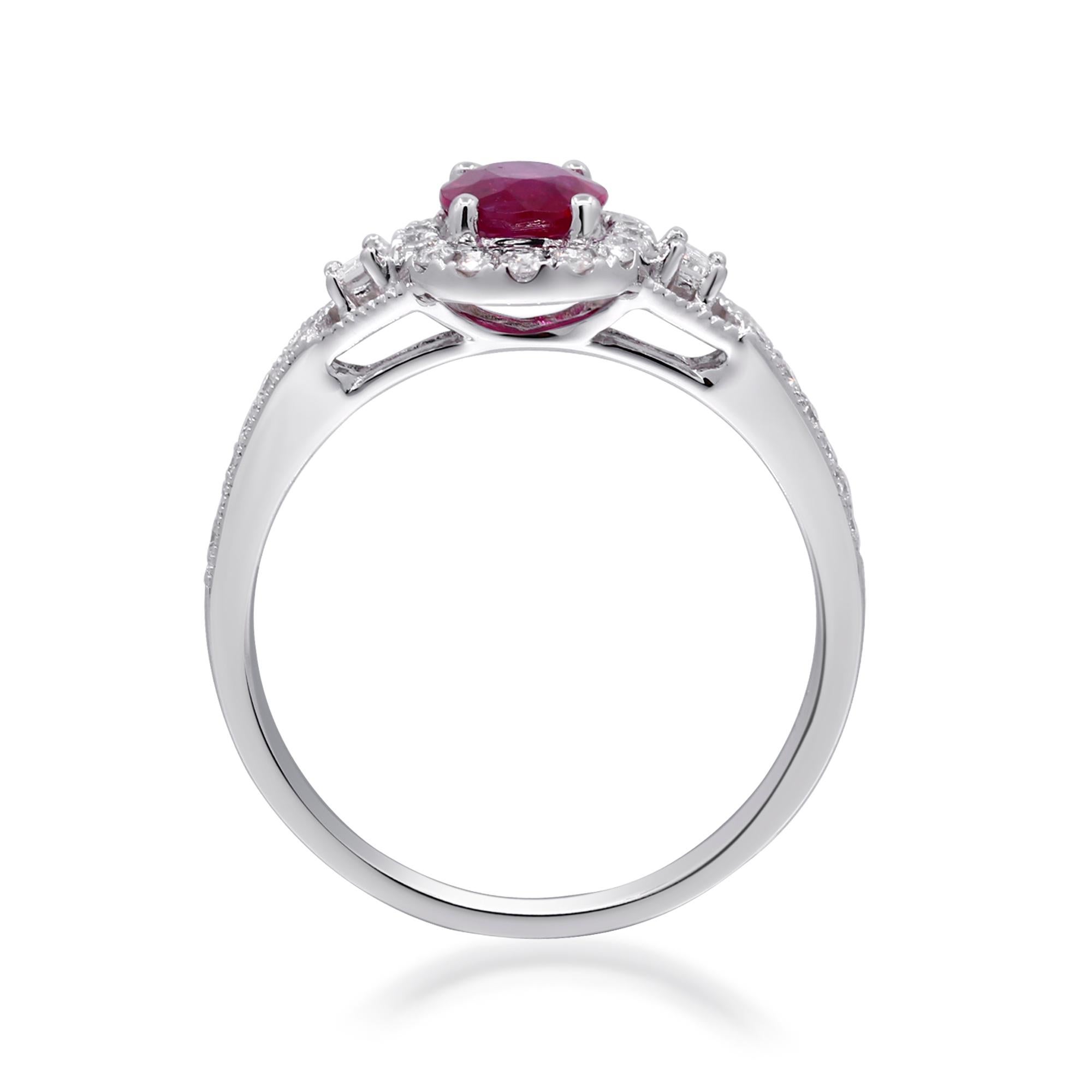 Oval Cut 0.98 Carat Oval-Cut Ruby with Diamond Accents 14K White Gold Ring For Sale