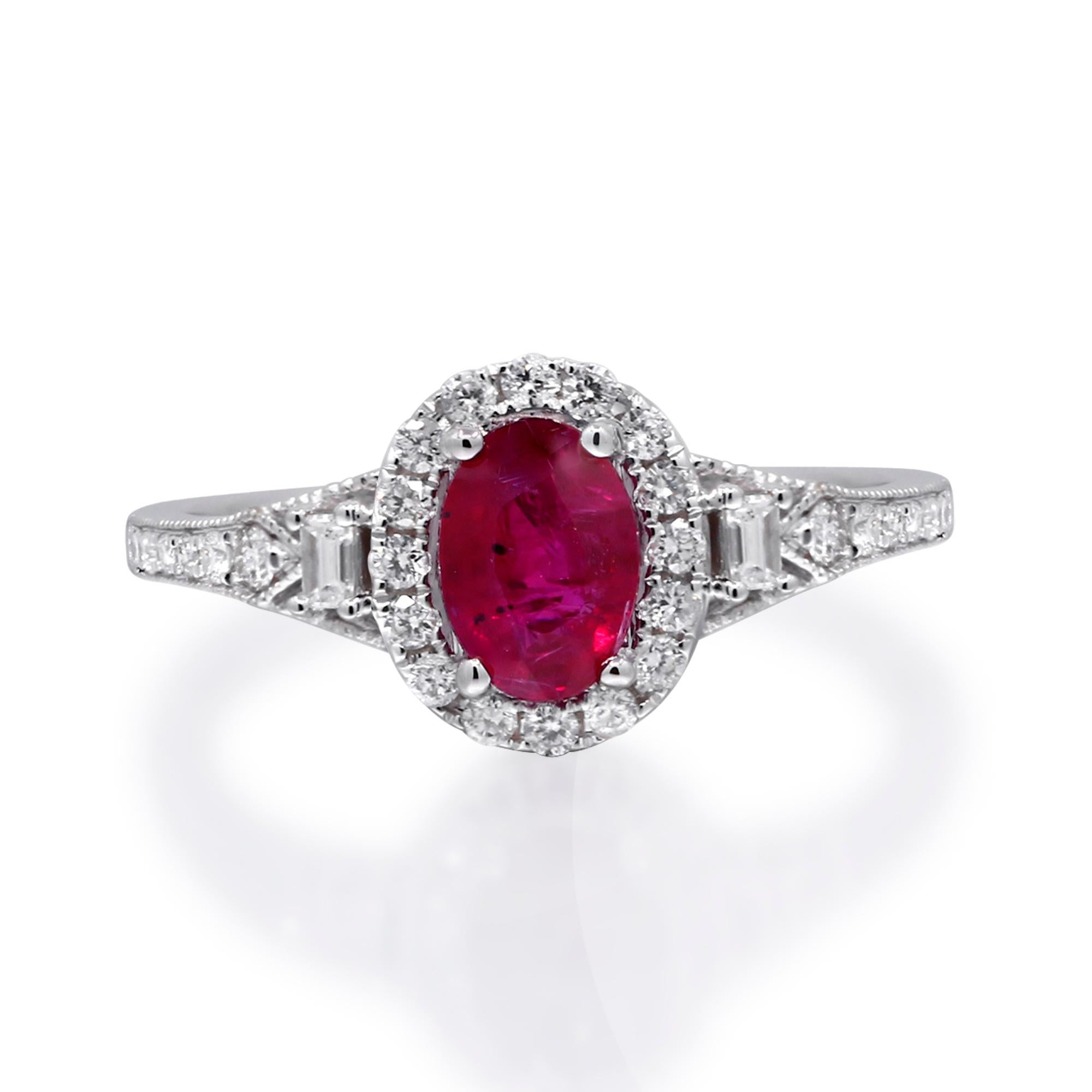 0.98 Carat Oval-Cut Ruby with Diamond Accents 14K White Gold Ring In New Condition For Sale In New York, NY