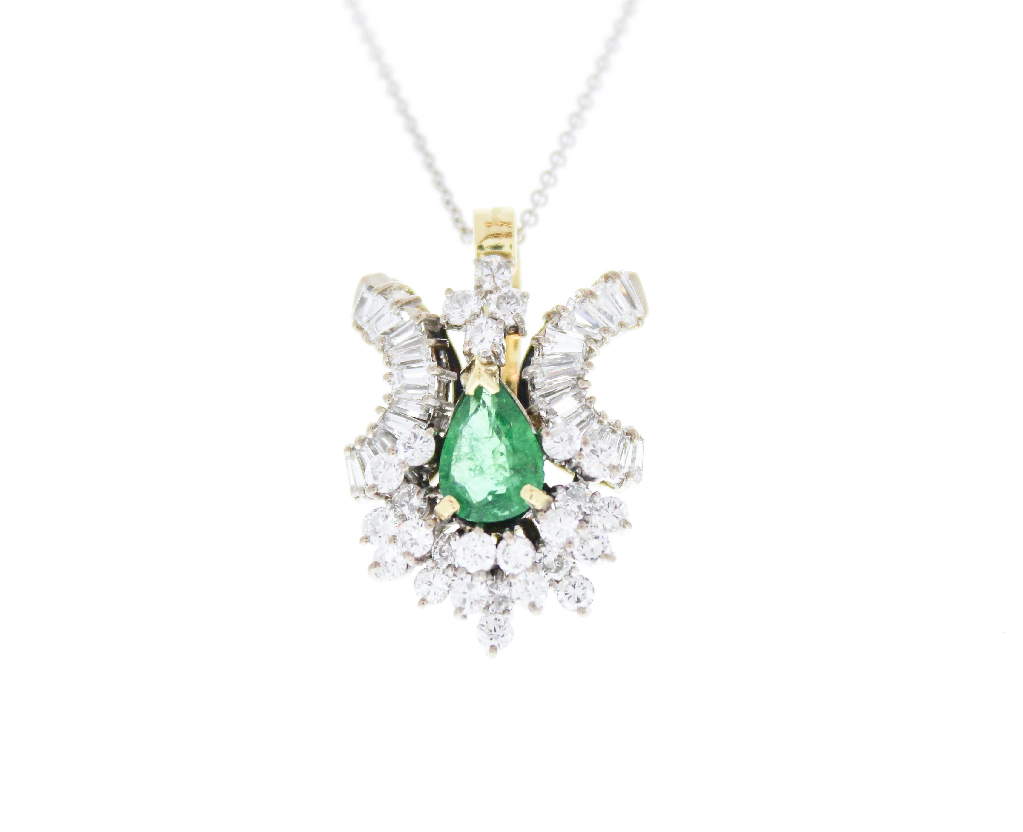Contemporary 0.98 Carat Pear Shaped Emerald & Diamond Pendant in 18k Two Tone Gold For Sale