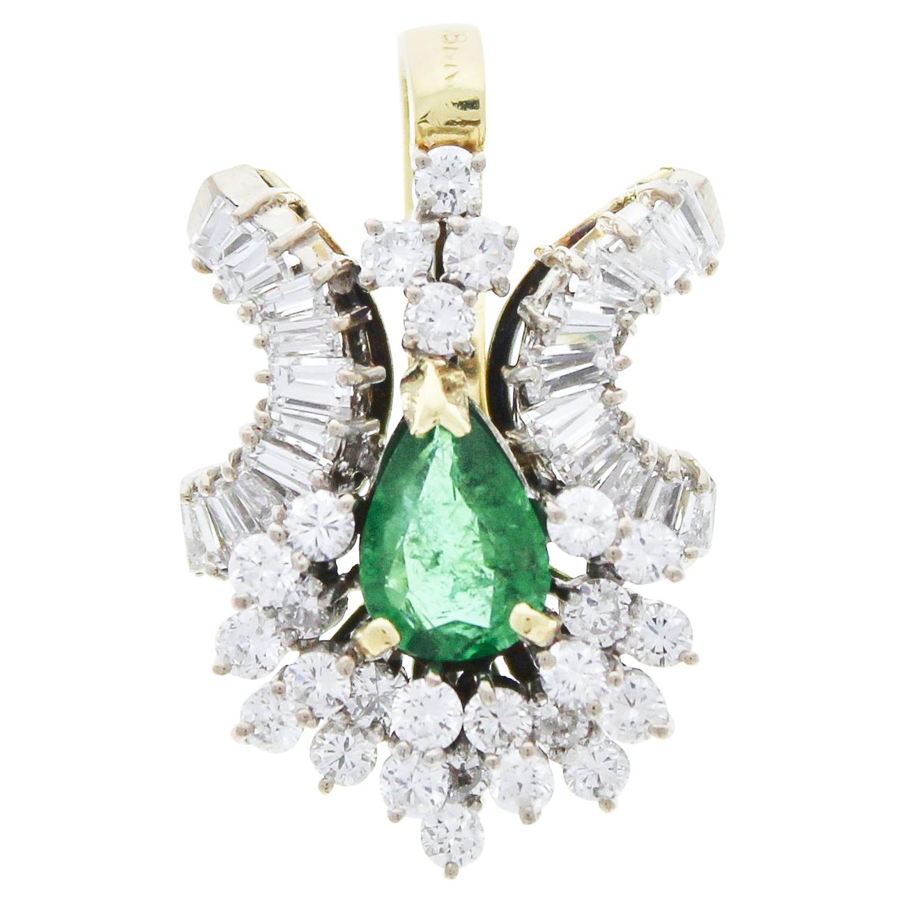 0.98 Carat Pear Shaped Emerald & Diamond Pendant in 18k Two Tone Gold