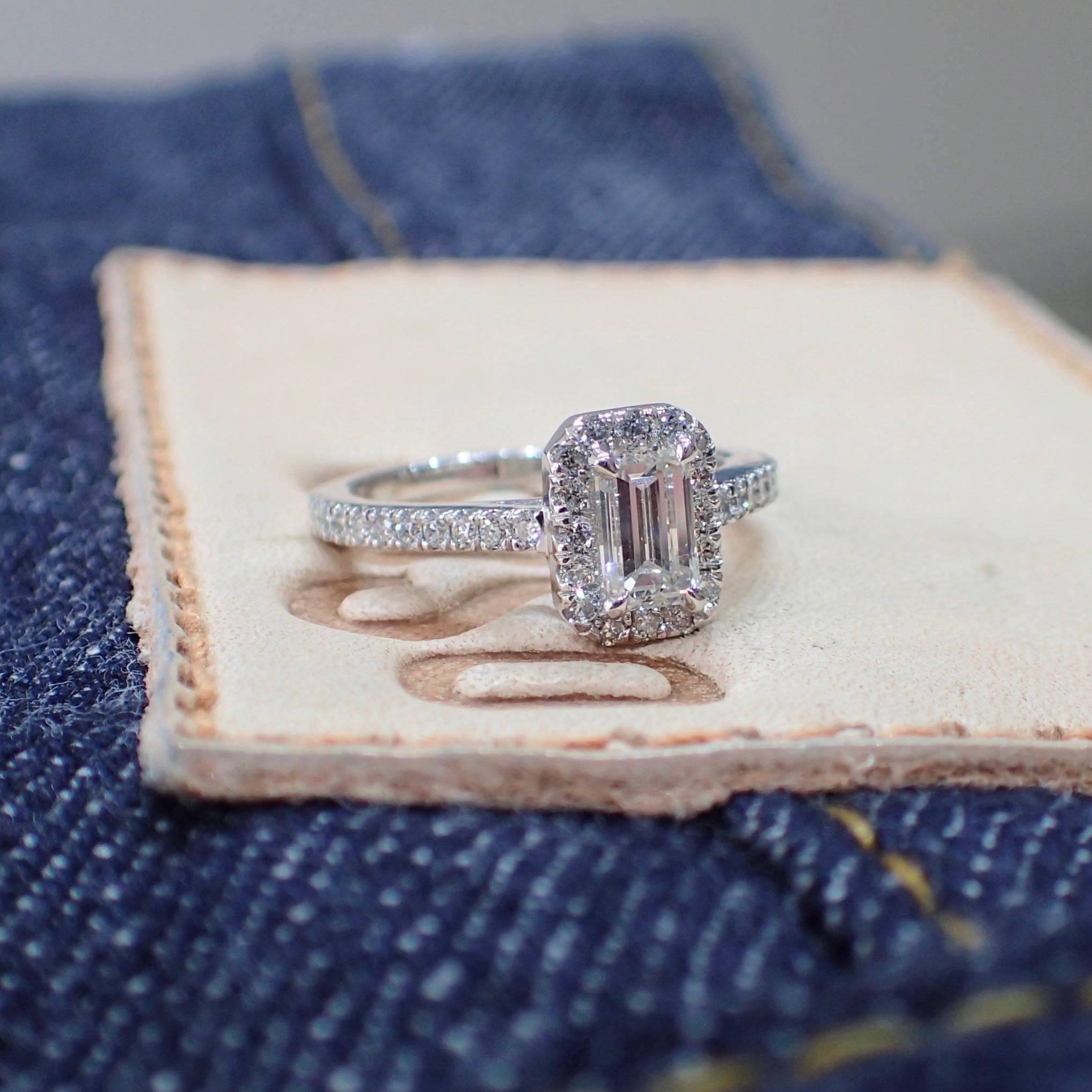 0.98 Carat - Platinum - Emerald Cut Diamond Engagement Halo Ring 9