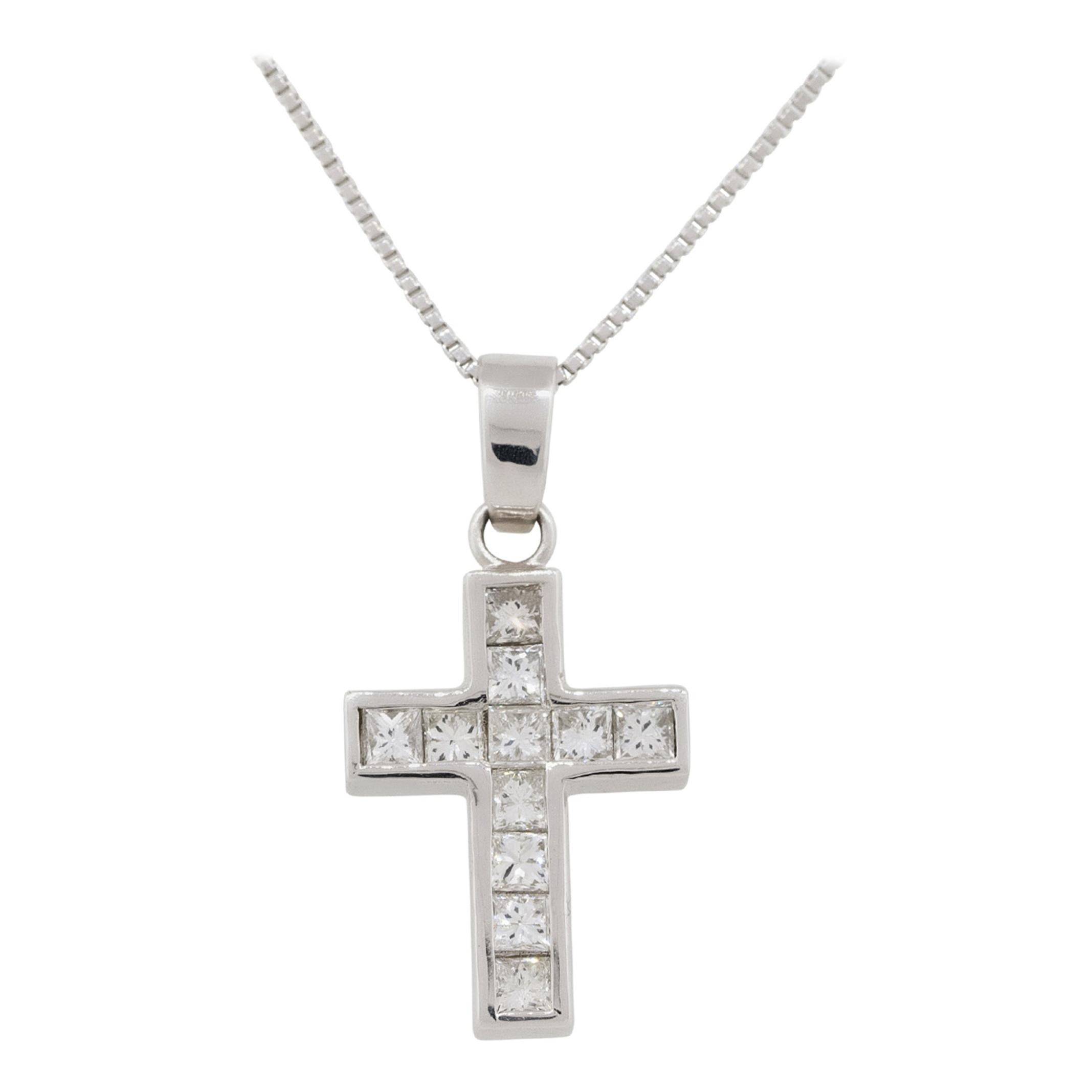 0.98 Carat Princess Cut Diamond Cross Pendant on Chain Platinum