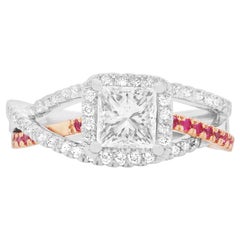 0.98 Carat Princess Cut White Diamond Pink Sapphire Engagement Ring 14K Gold