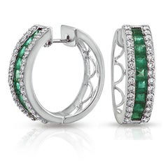 0.98 CT Colombian Emerald and 0.34 Carat Diamonds 14k White Gold Hoop Earrings
